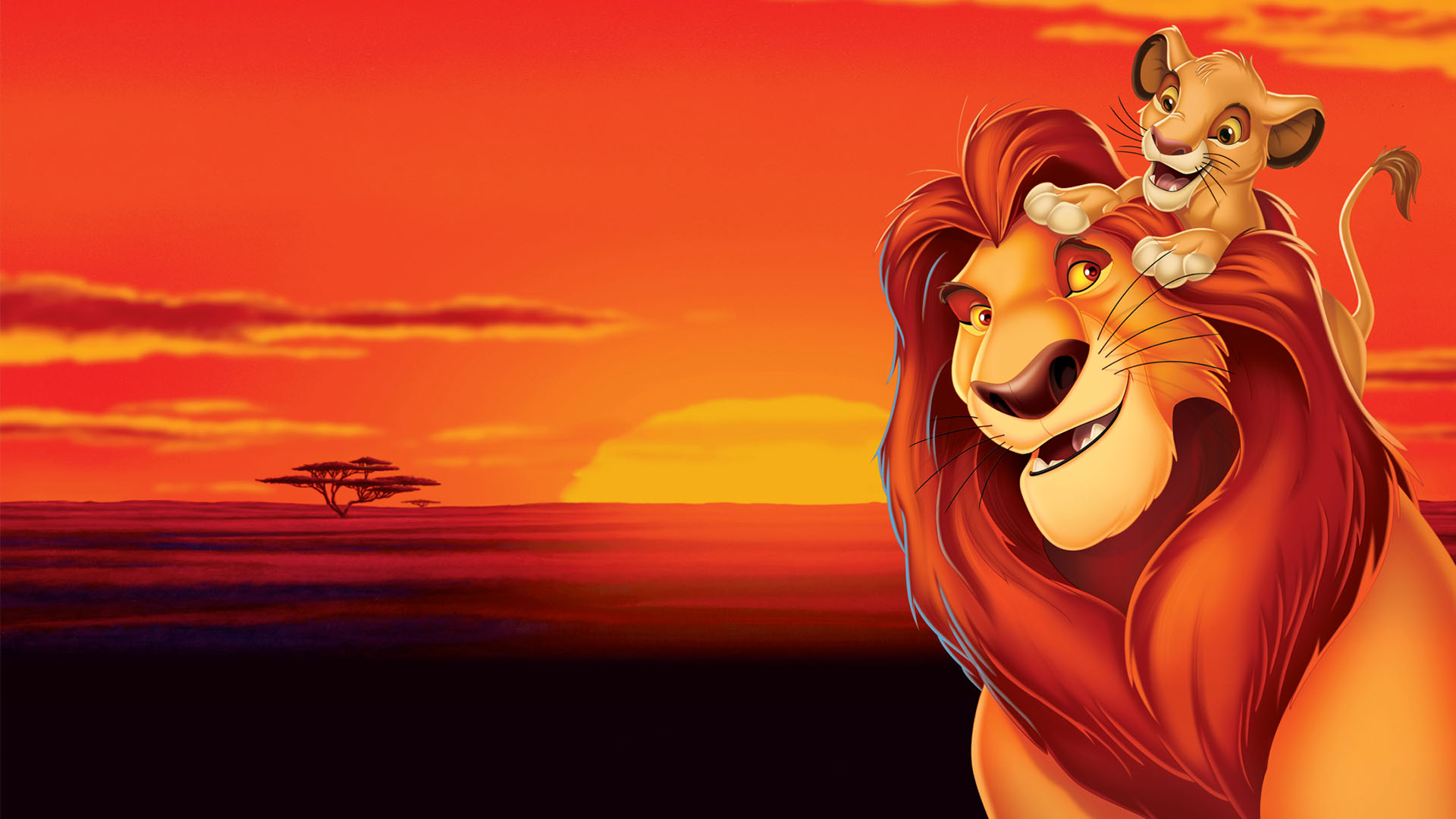 An animated, iconic promotional image from The Lion King shows Mufasa (James Earl Jones) smiling warmly while a playful, young Simba (Jonathan Taylor Thomas) sits happily on top of his thick, reddish-brown mane, set against a vast African savanna backdrop with an acacia tree silhouetted by a vibrant orange sunset.