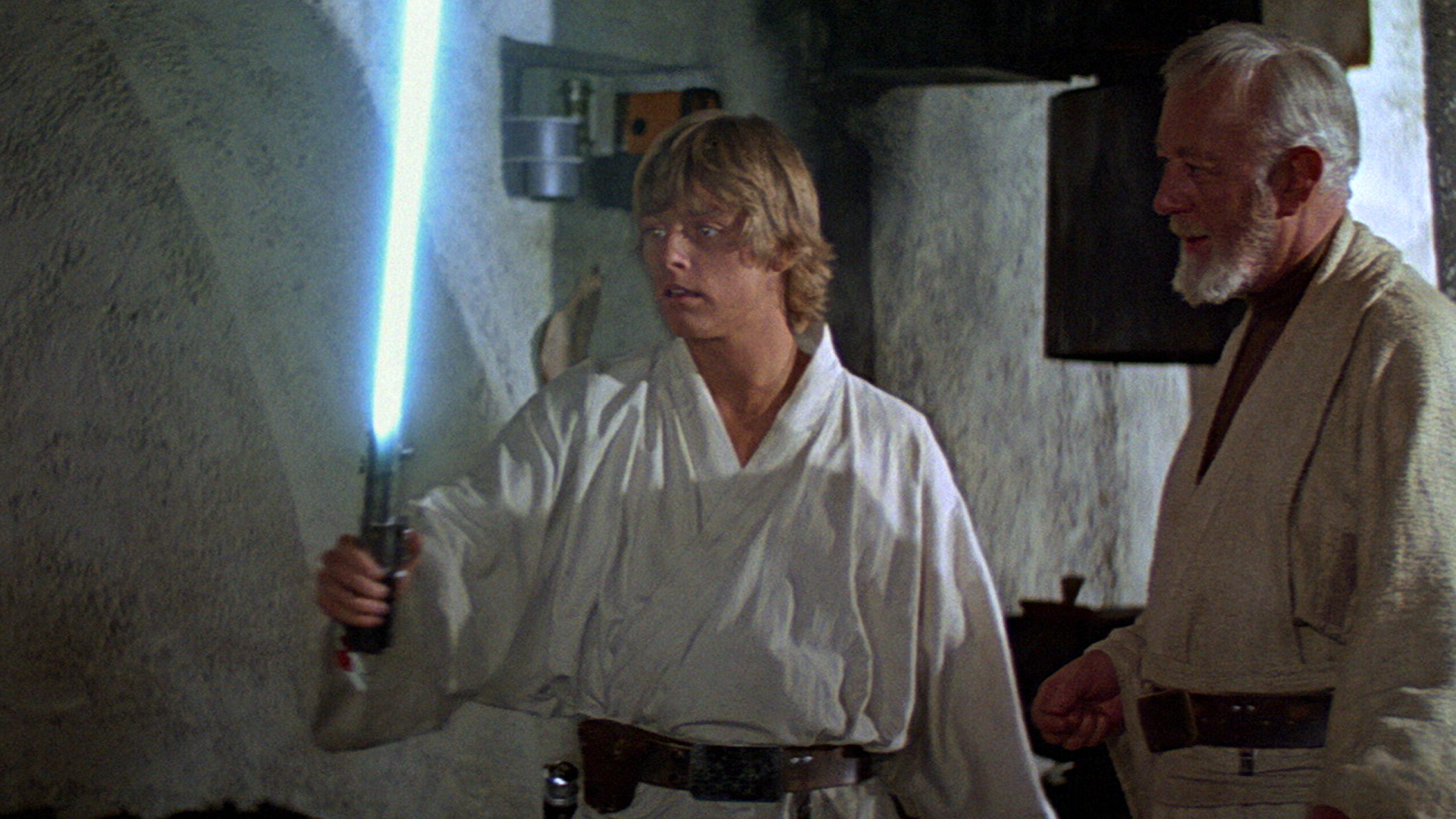 Luke Skywalker (Mark Hamill) and Obi-Wan Kenobi (Alec Guinness) in Star Wars: A New Hope