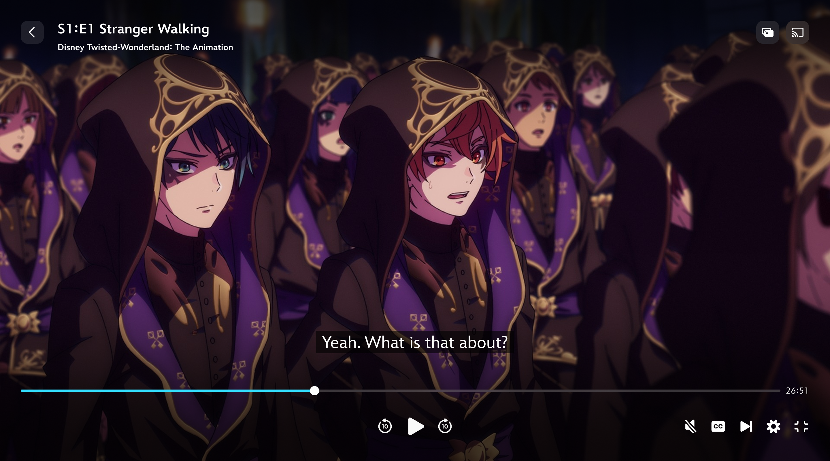 A scene from Disney Twisted-Wonderland: The Animation featuring English subtitles.