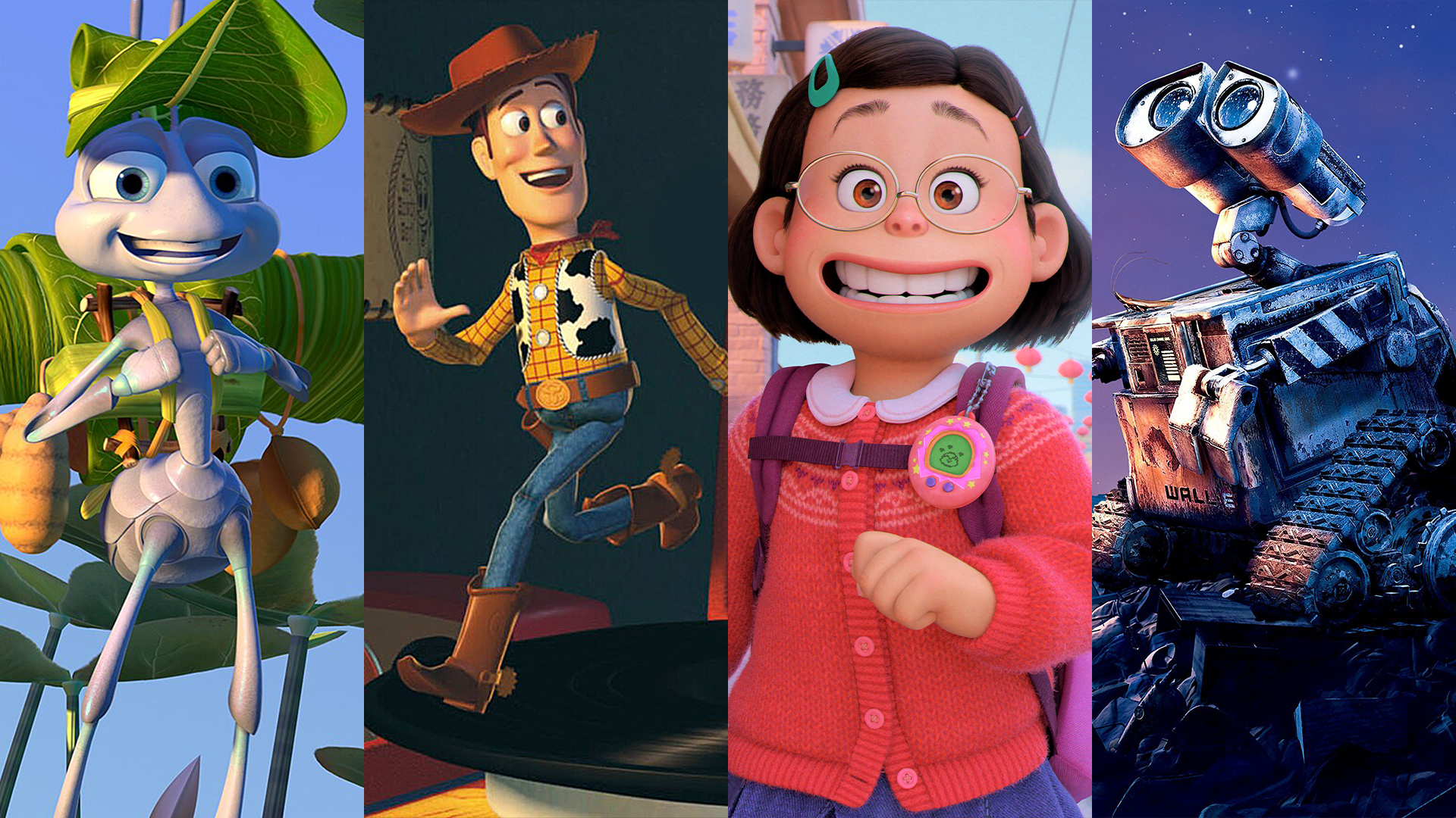 Collage of A Bug's Life, Toy Story, Turning Red, and Wall E