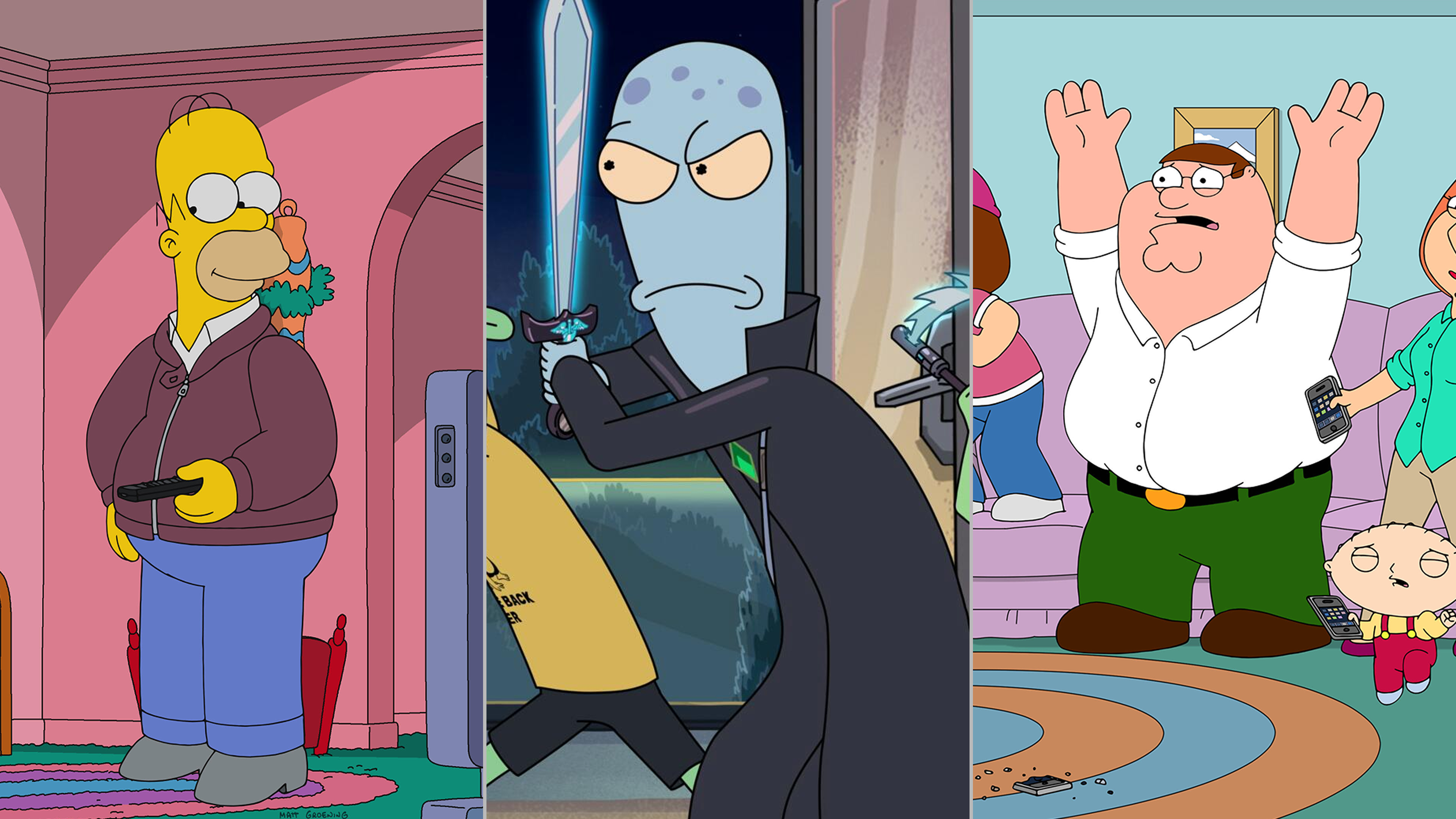 An image split into three parts featuring Homer Simpson from The Simpsons, Korvo from Solar Opposites, and Peter Griffin from Family Guy