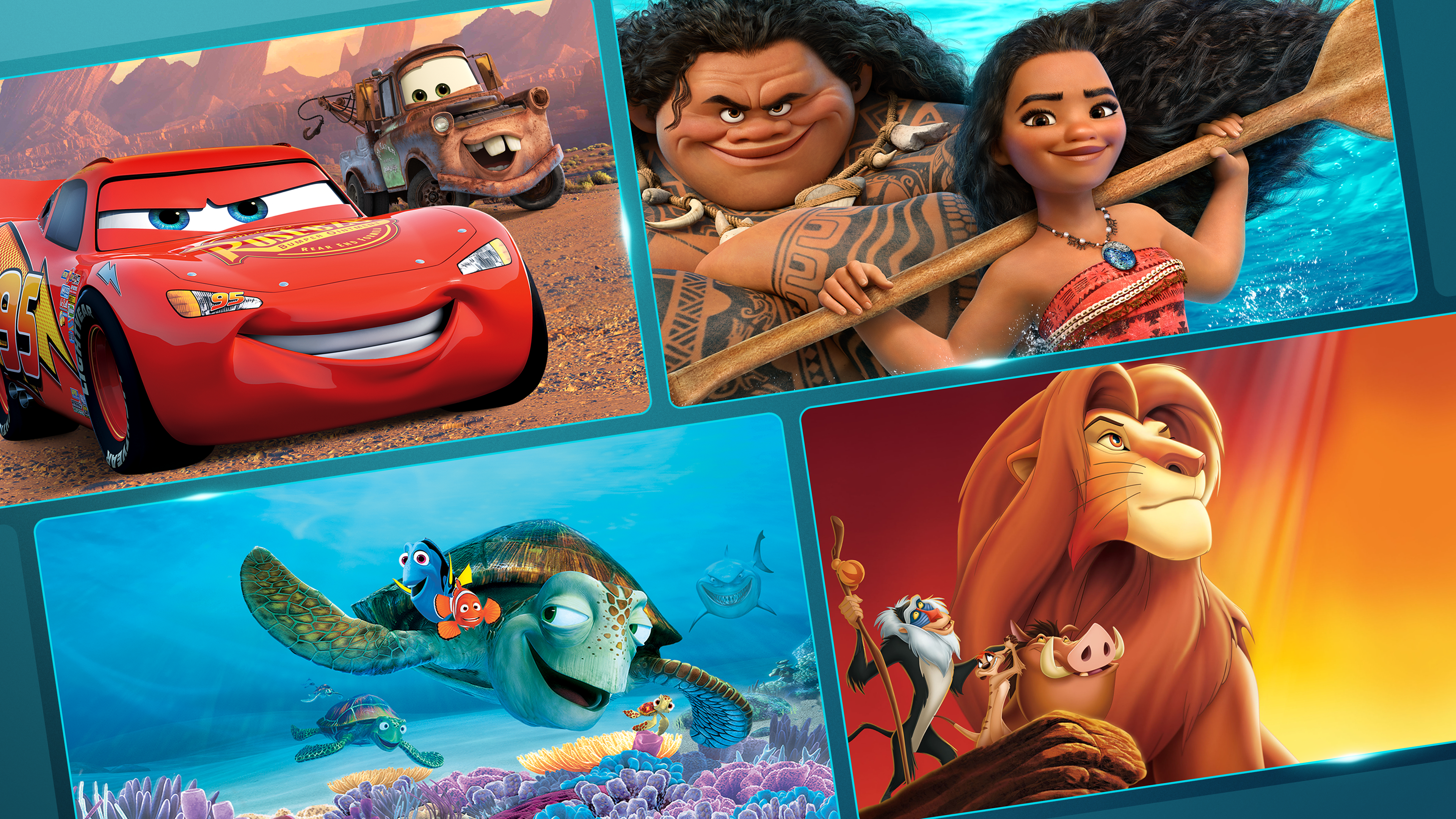 Four tile promo grid showcasing animated Disney titles including Cars, Moana, Finding Nemo, and The Lion King.