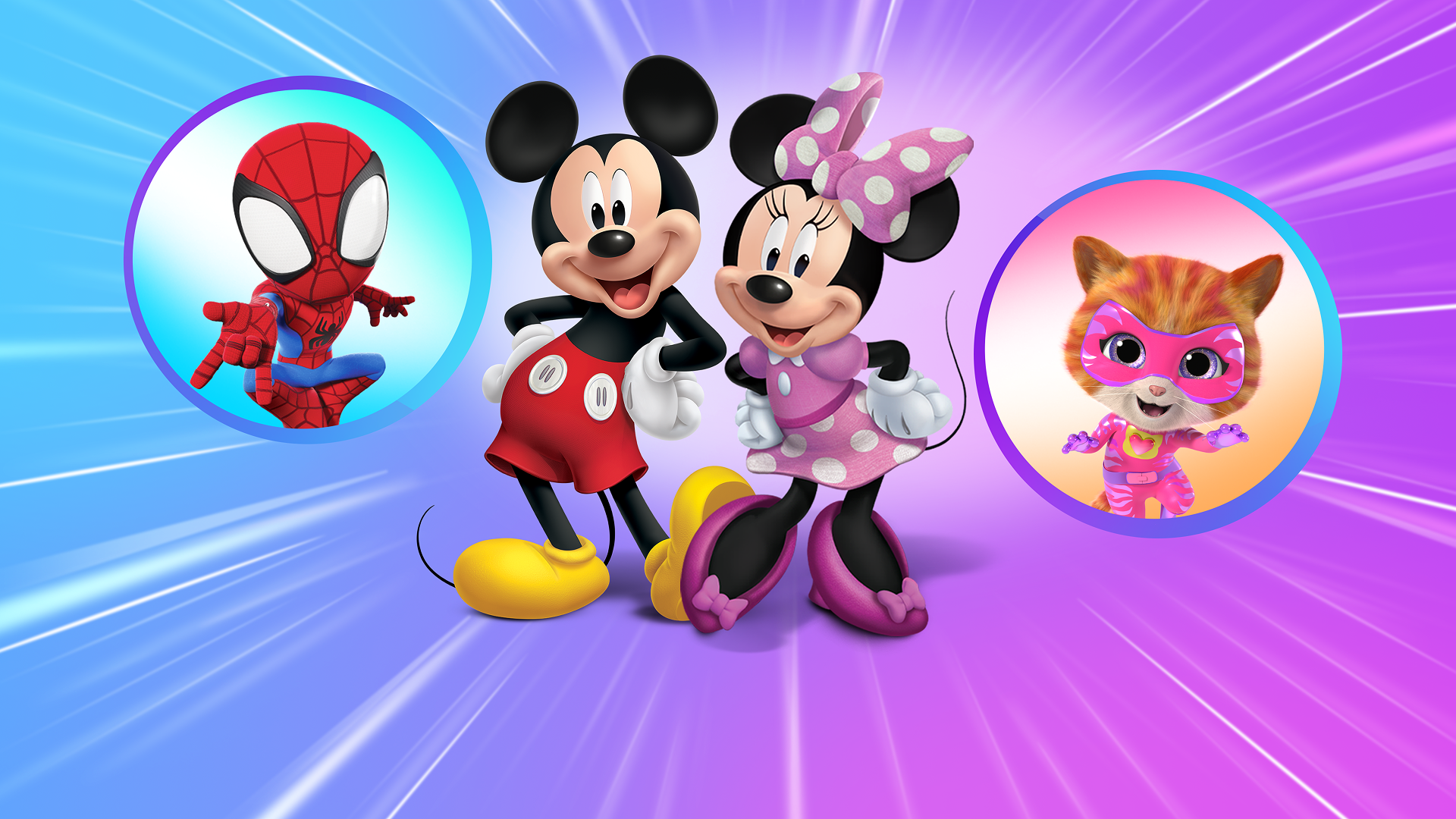 This digital artwork features Disney characters Minnie Mouse and Mickey Mouse alongside Spidey and a SuperKitty.