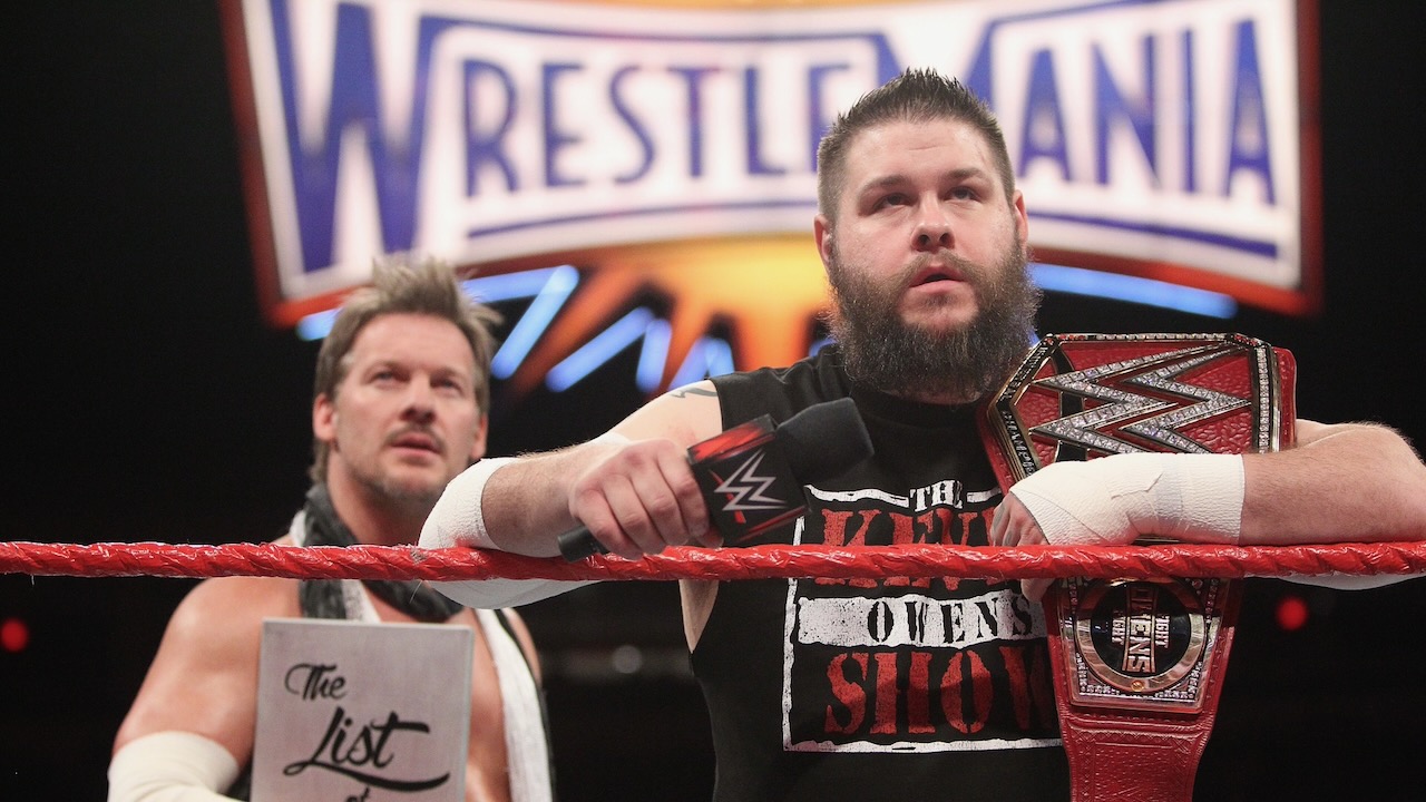 Professional wrestlers Kevin Owens and Chris Jericho during WWE’s WrestleMania 33.