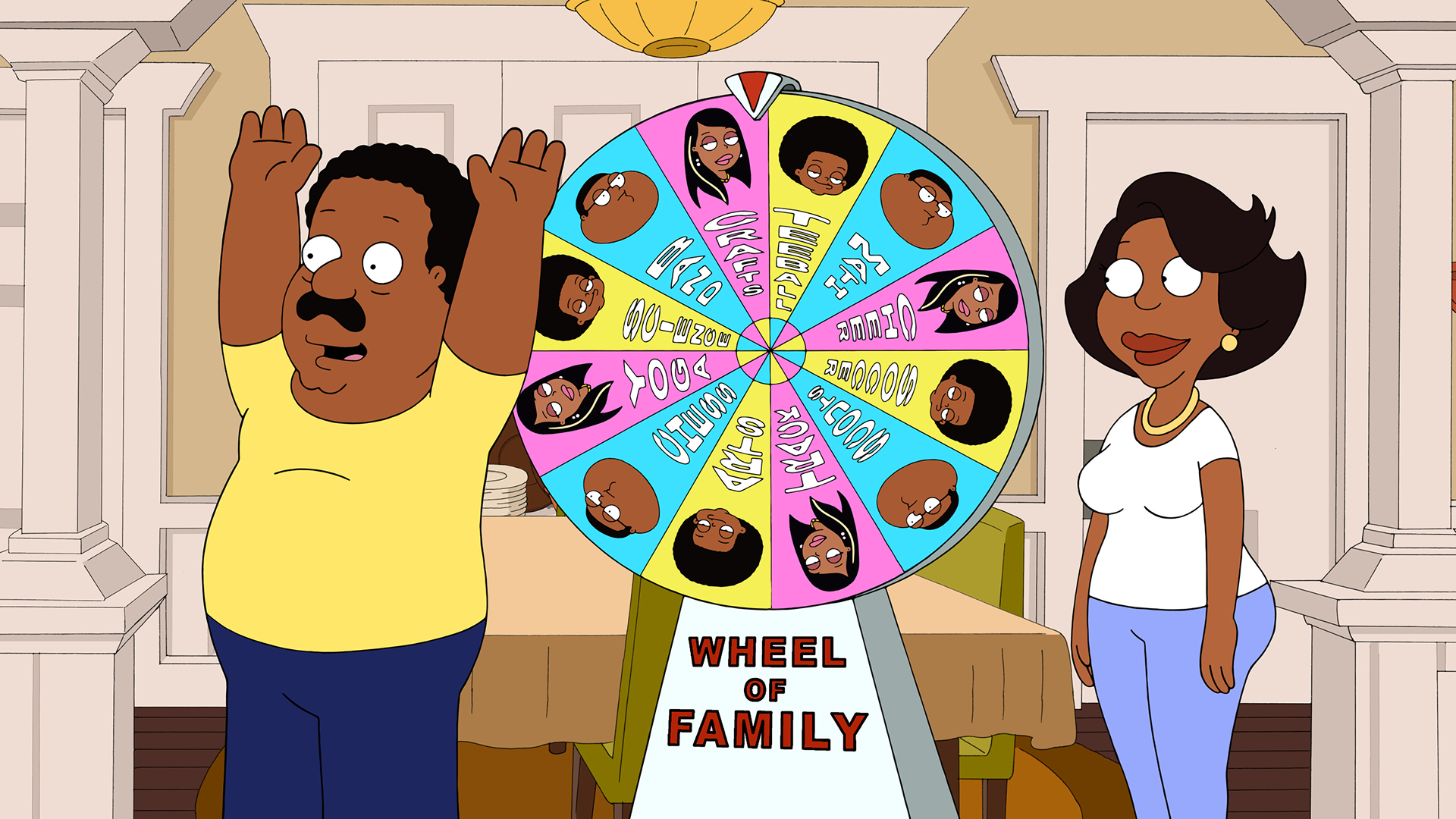 Cleveland Brown (Kevin Michael Richardson) and Donna Tubbs (Reagan Gomez-Preston) from The Cleveland Show spinning the wheel of family in The Cleveland Show