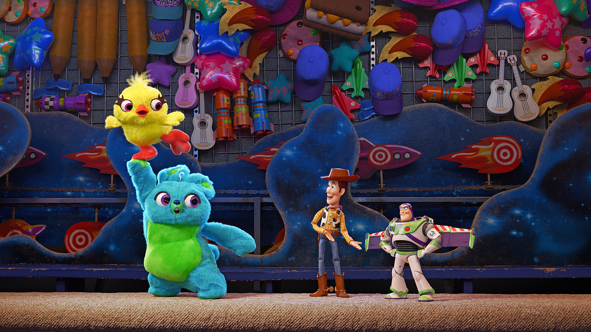 Ducky and Bunny standing on a carnival prize counter next to Woody and Buzz Lightyear in Disney and Pixar's Toy Story 4