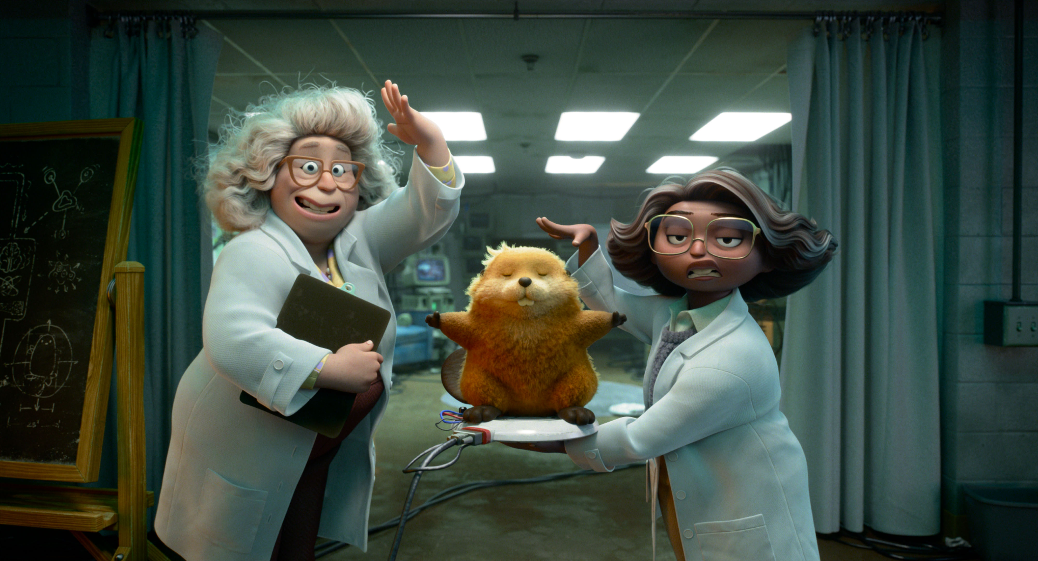 Two scientists showcasing a beaver in a lab.
