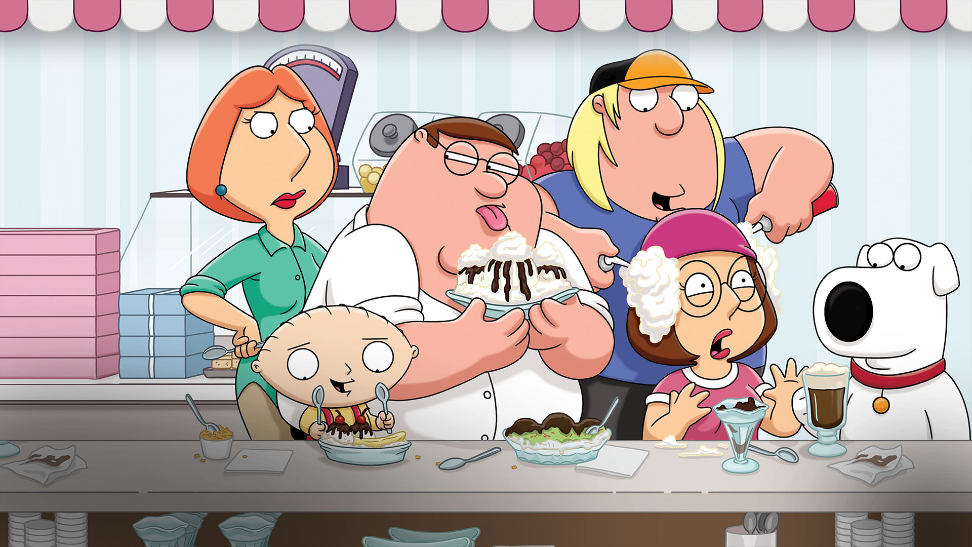 Key art for Family Guy featuring the Griffin family gathered around a diner counter filled with ice cream desserts.