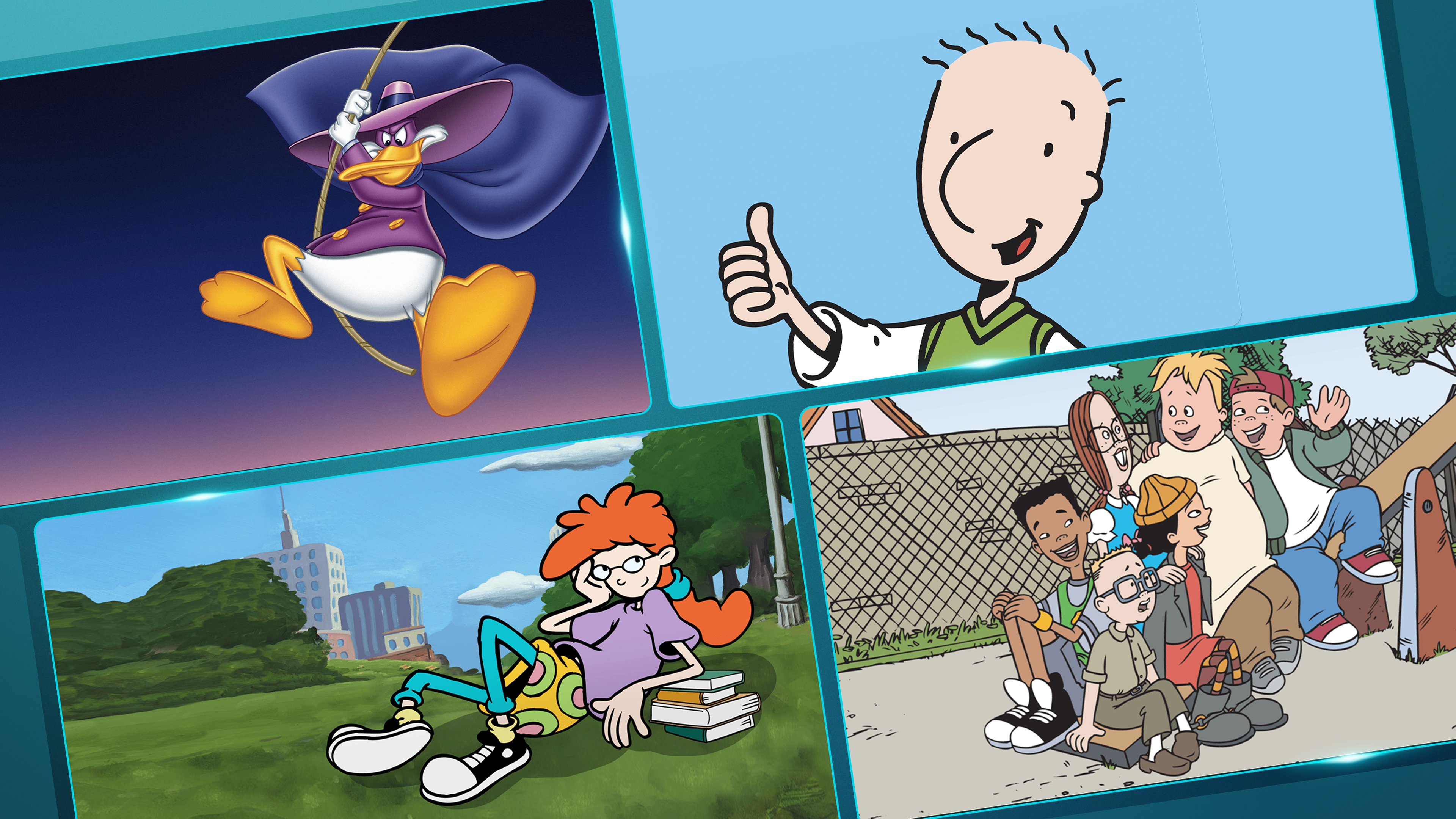 This image displays a collection of beloved characters from 1990s animated television series.