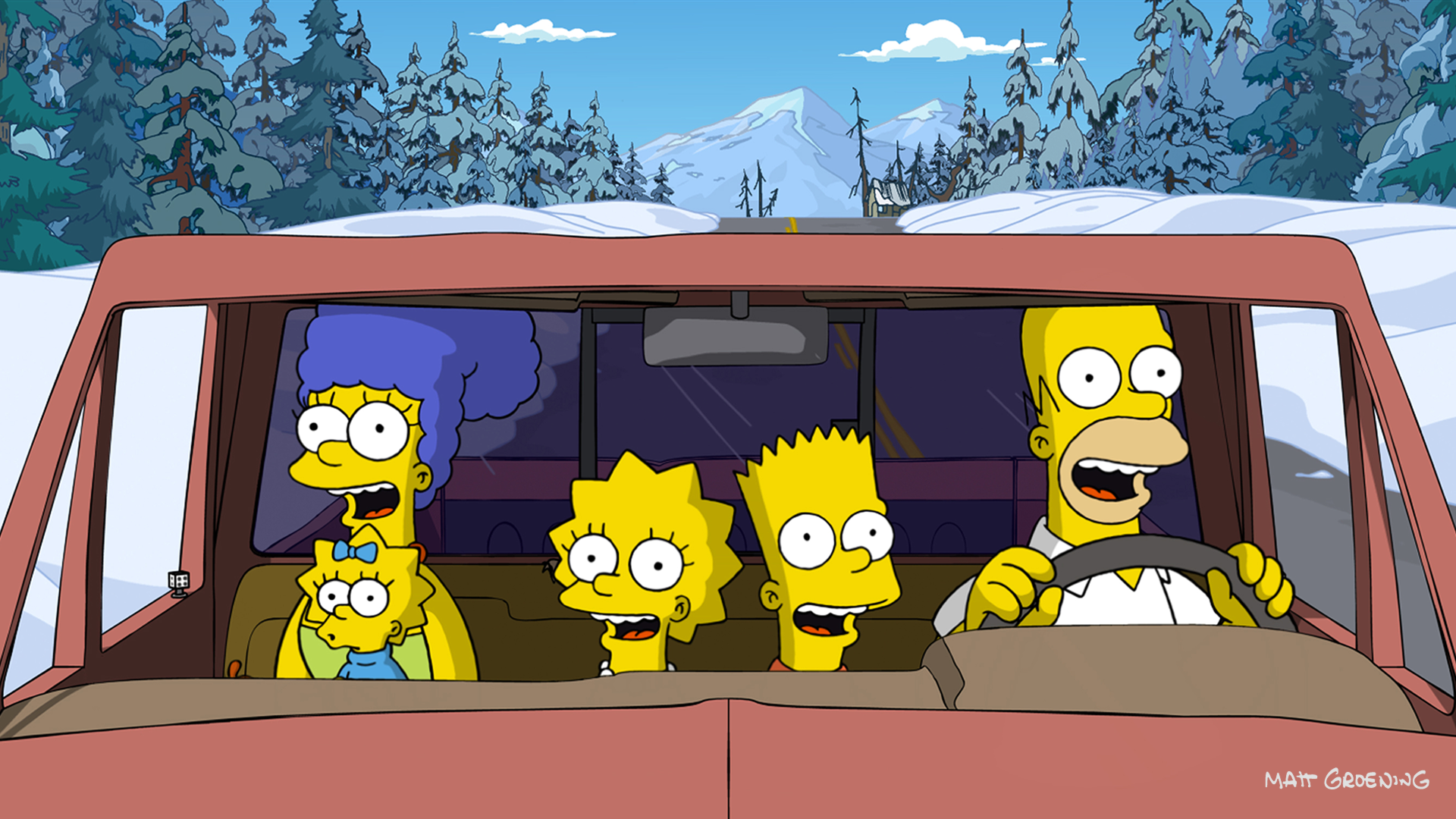 This image is a scene from The Simpsons Movie (2007), showing the Simpson family driving toward Alaska to escape Springfield. 