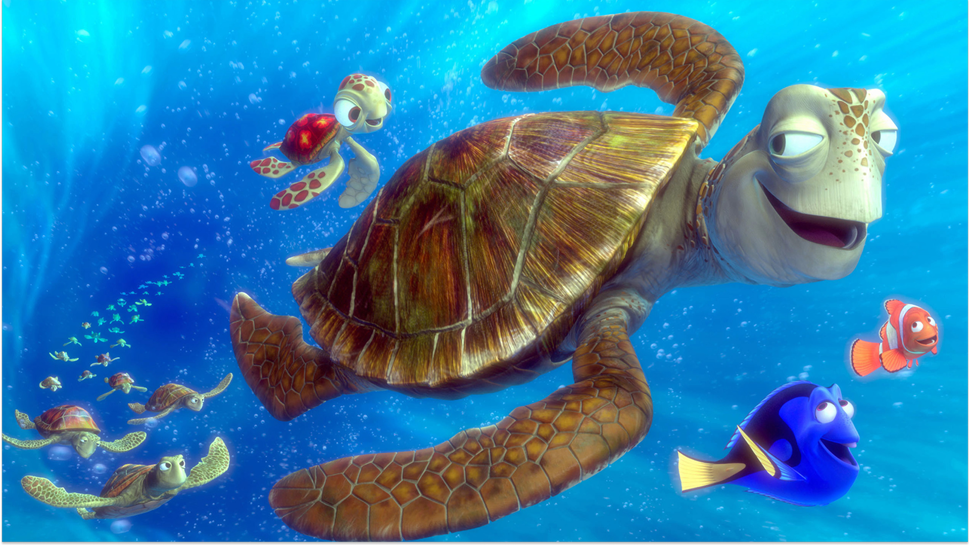 Turtles Crush and Squirt, and fish Dory and Marlin in Finding Nemo
