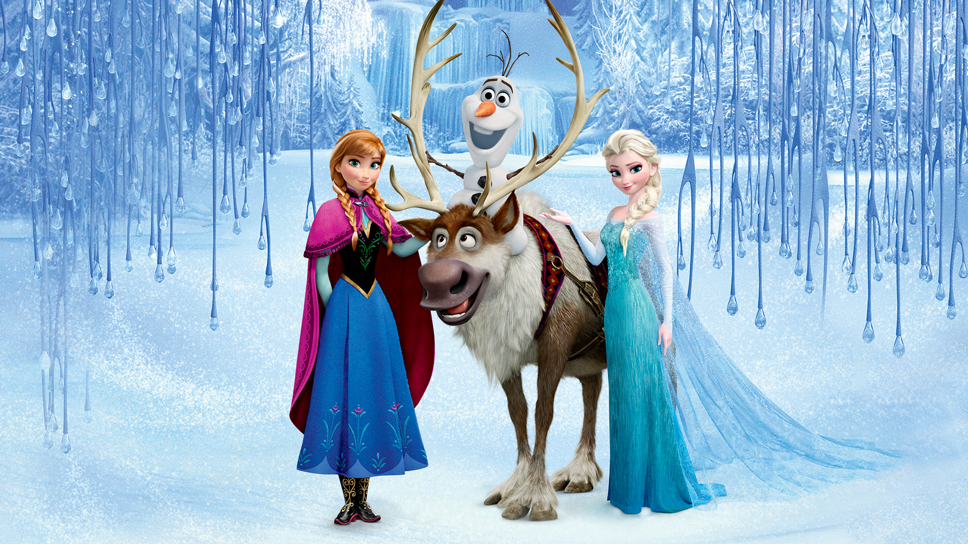 En esta imagen aparecen los personajes principales de la franquicia de películas animadas de Disney Frozen, incluyendo a Elsa, Anna, Olaf y el reno Sven 