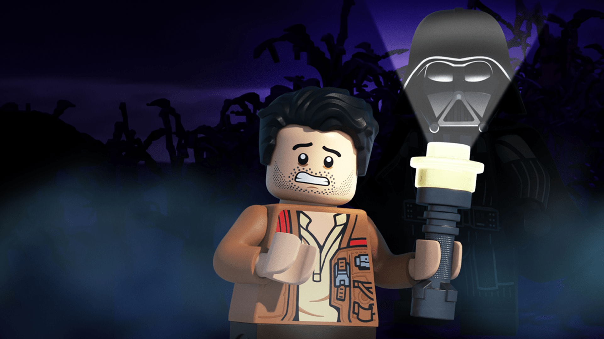 Poe Dameron holds a flashlight that illuminates Darth Vader's face in LEGO Star Wars: Terrifying Tales.