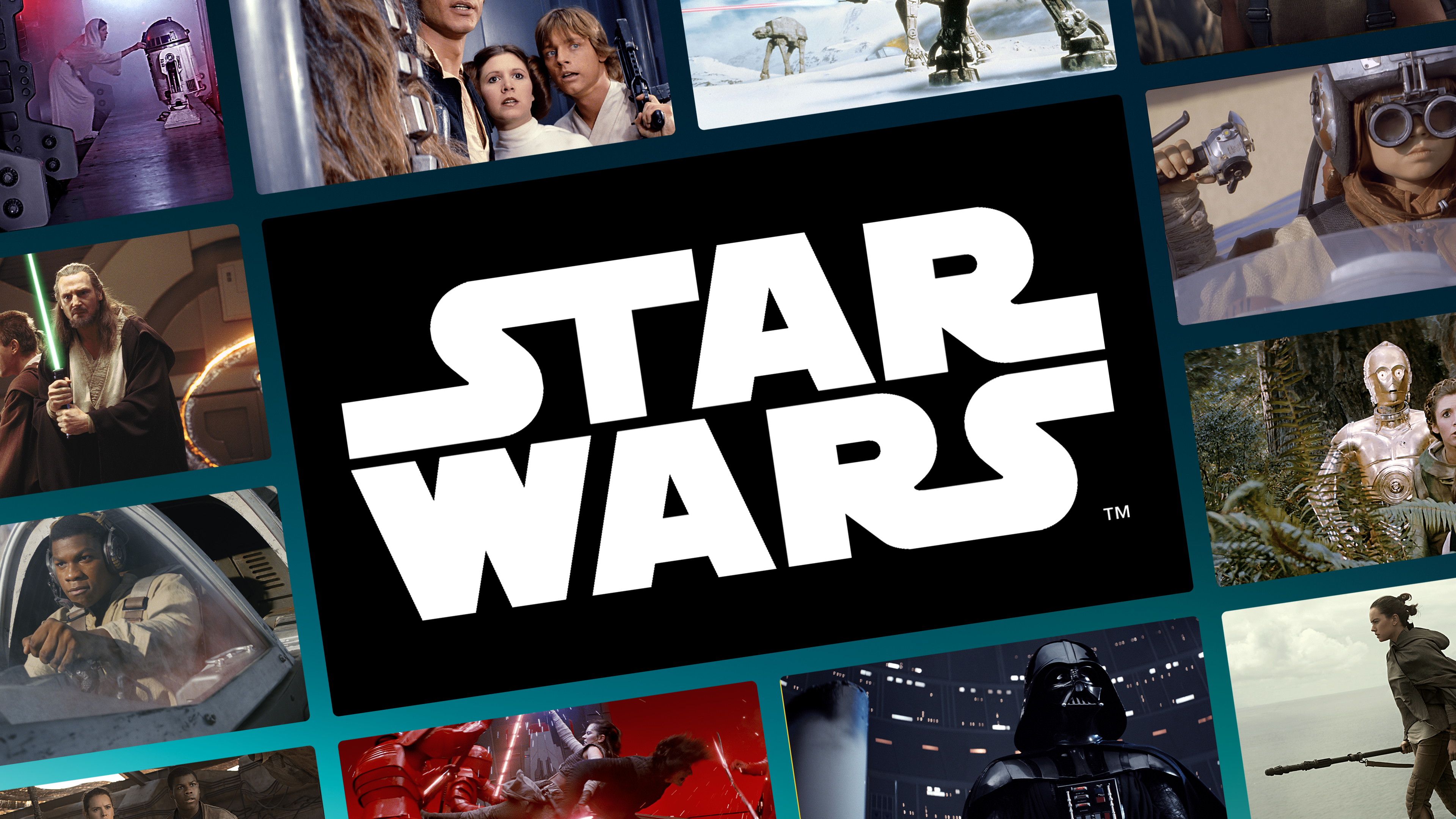 A collage of images from multiple Star Wars movies, with the Star Wars logo in the middle