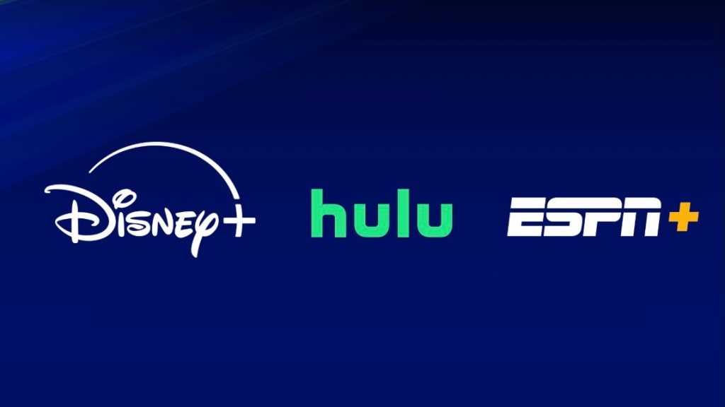 The Disney+, Hulu, and ESPN+ logos on a blue background.