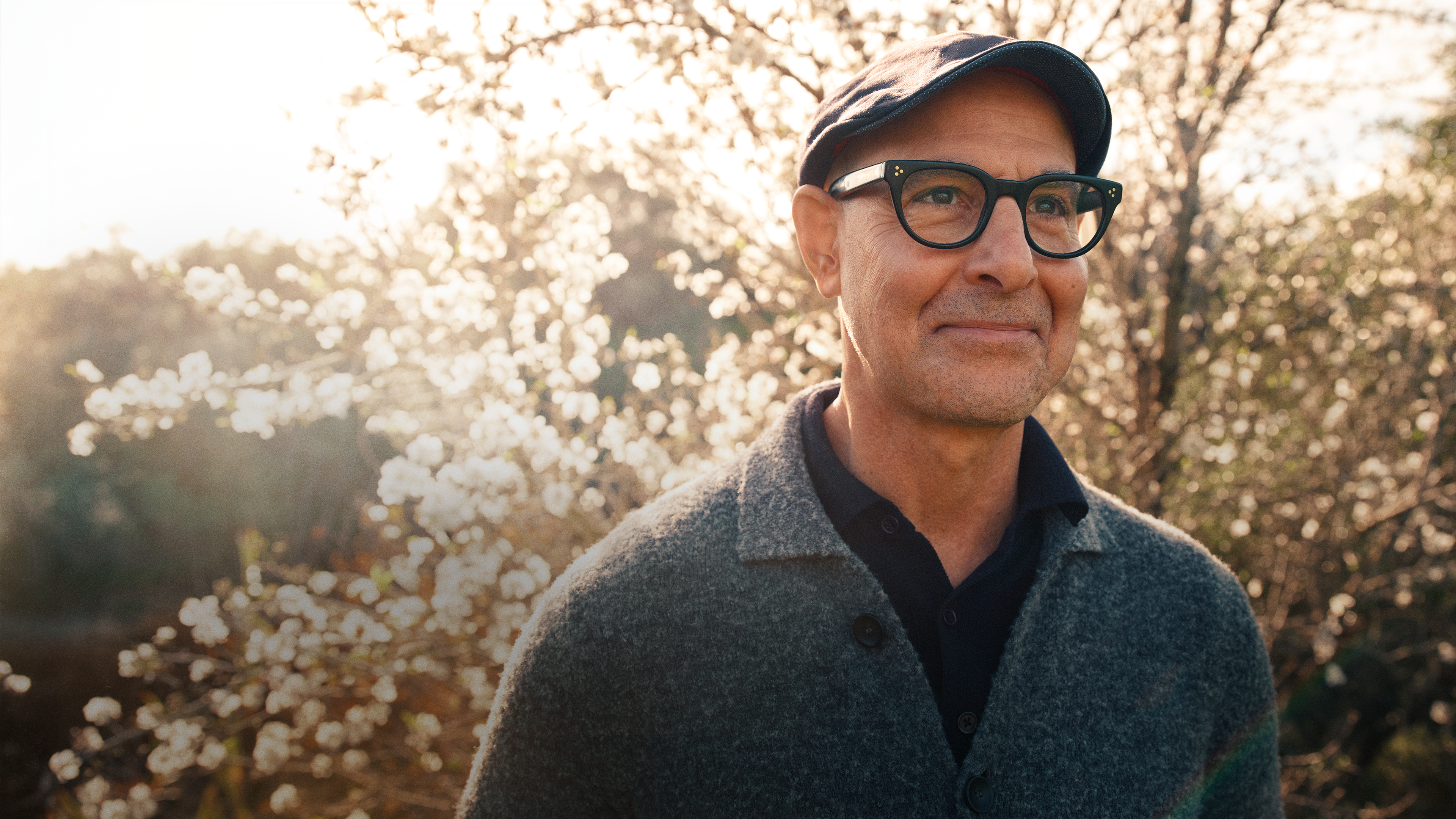 A closeup of Stanley Tucci with a sunlit blossoming tree background