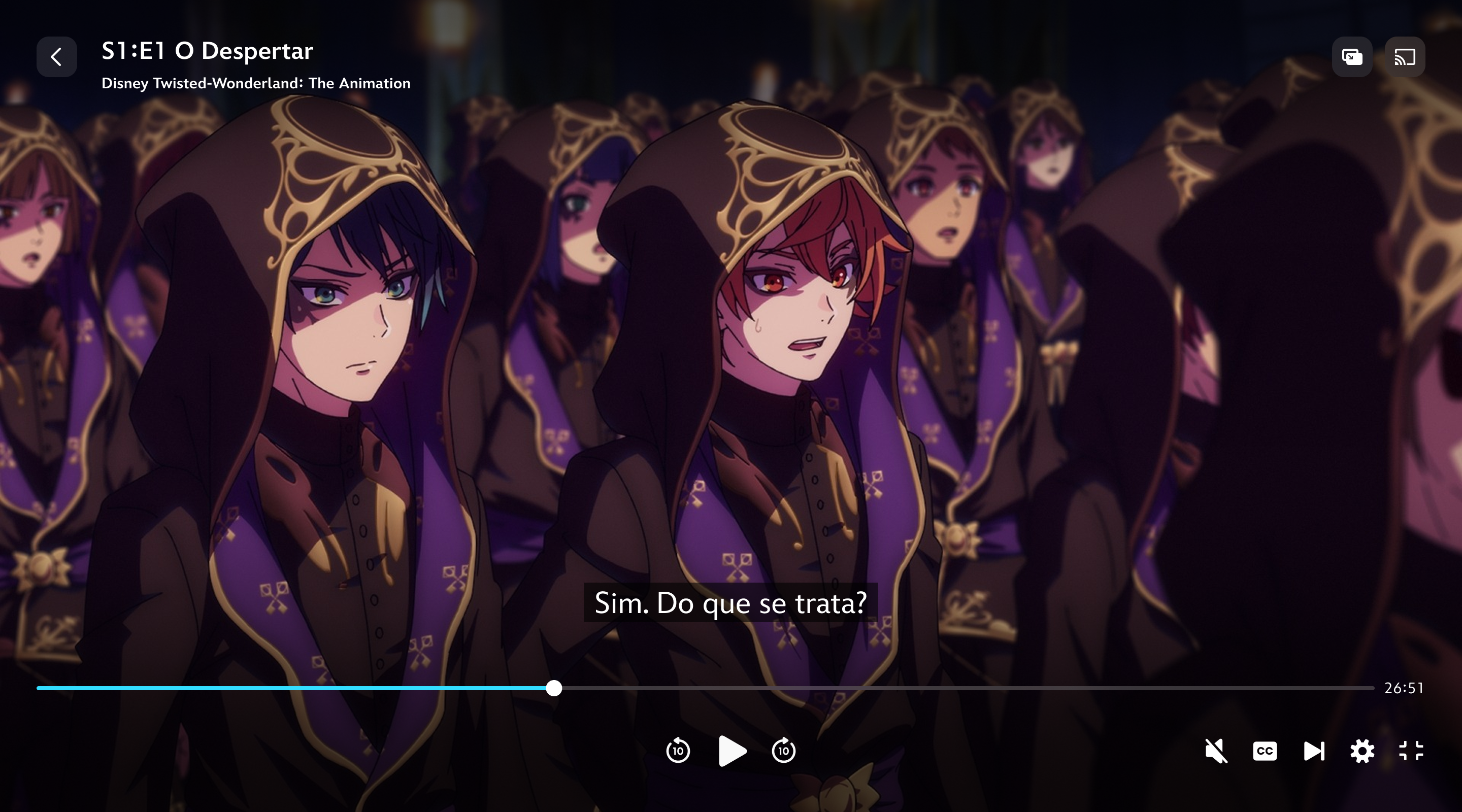 Uma cena de Disney Twisted-Wonderland: A Série com legendas em inglês.