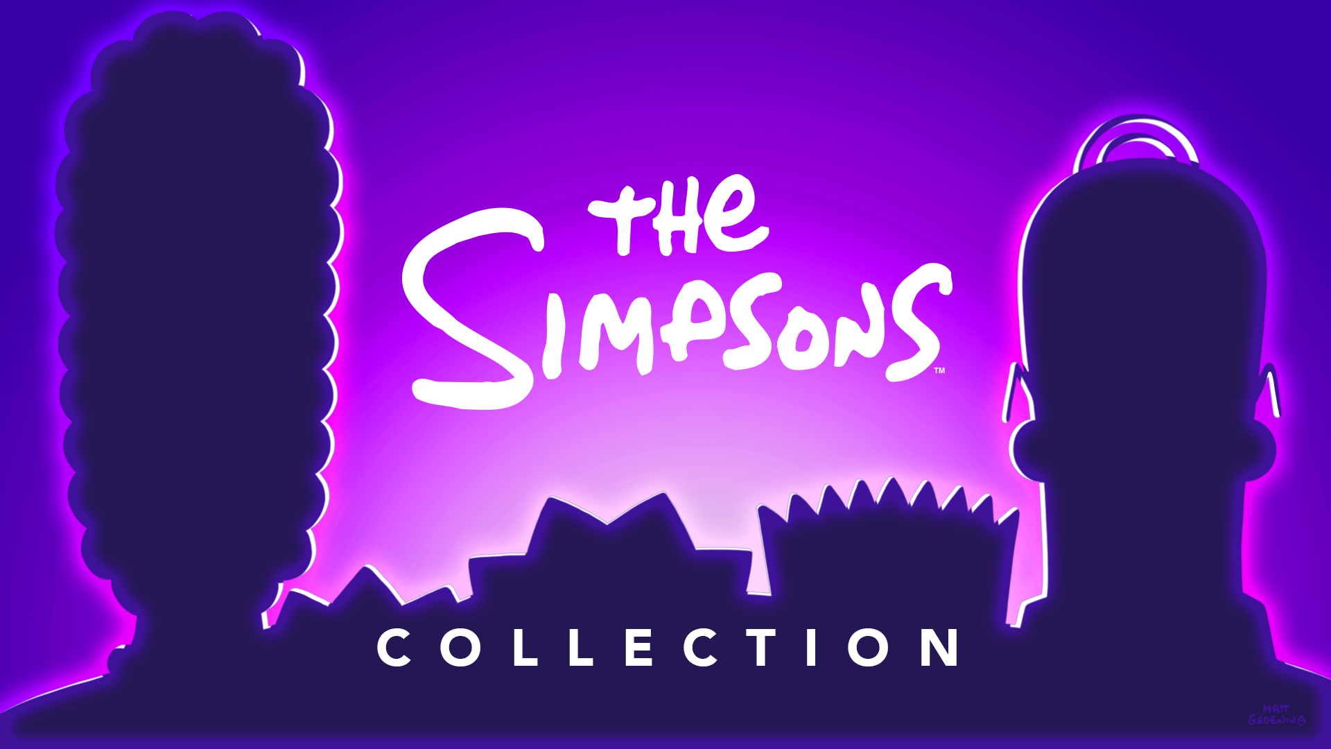 The purple-themed graphic highlights iconic character silhouettes, including Marge on the left and Homer on the right.