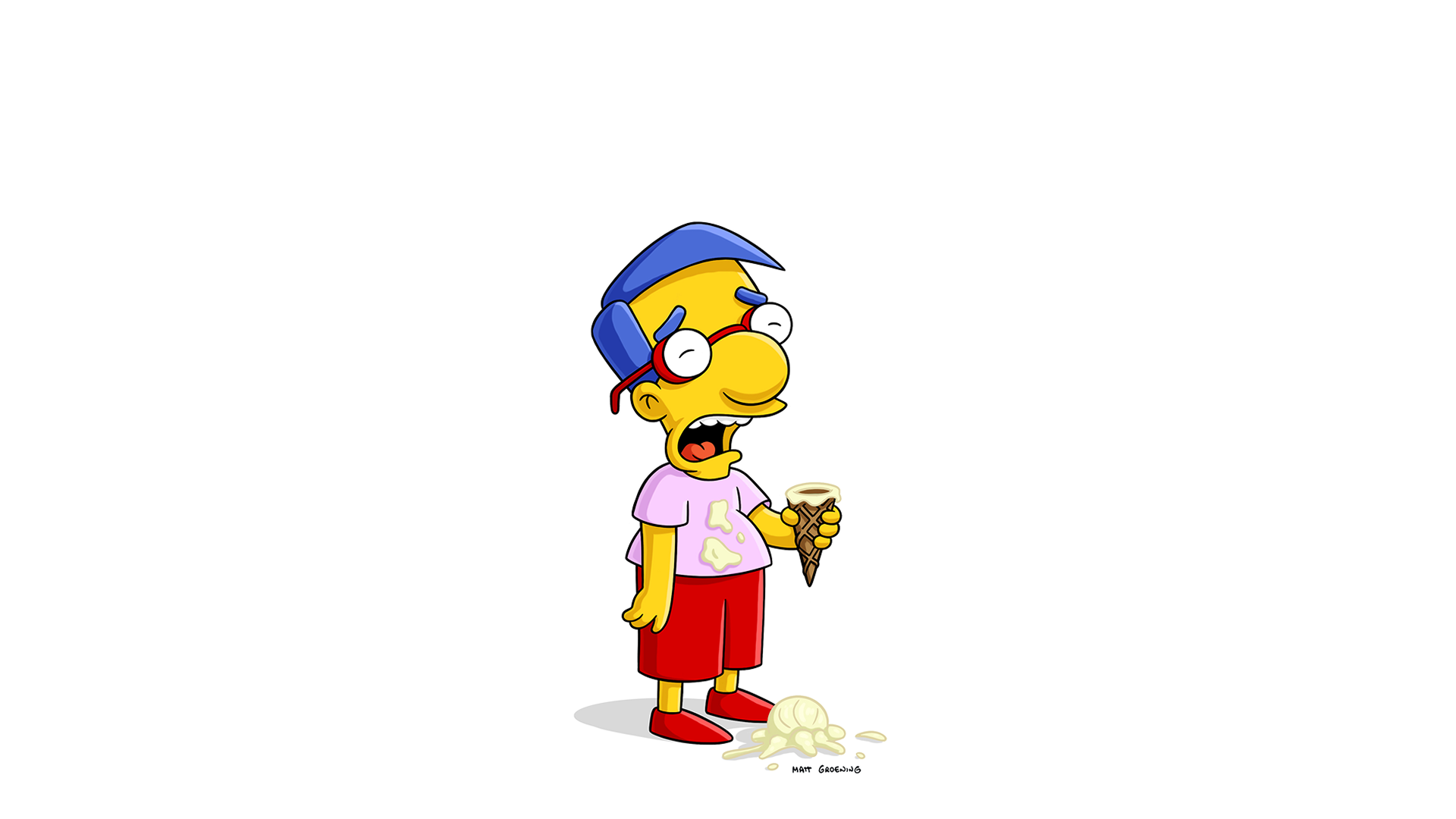 This image depicts the character Milhouse Van Houten from The Simpsons looking upset after dropping his ice cream.