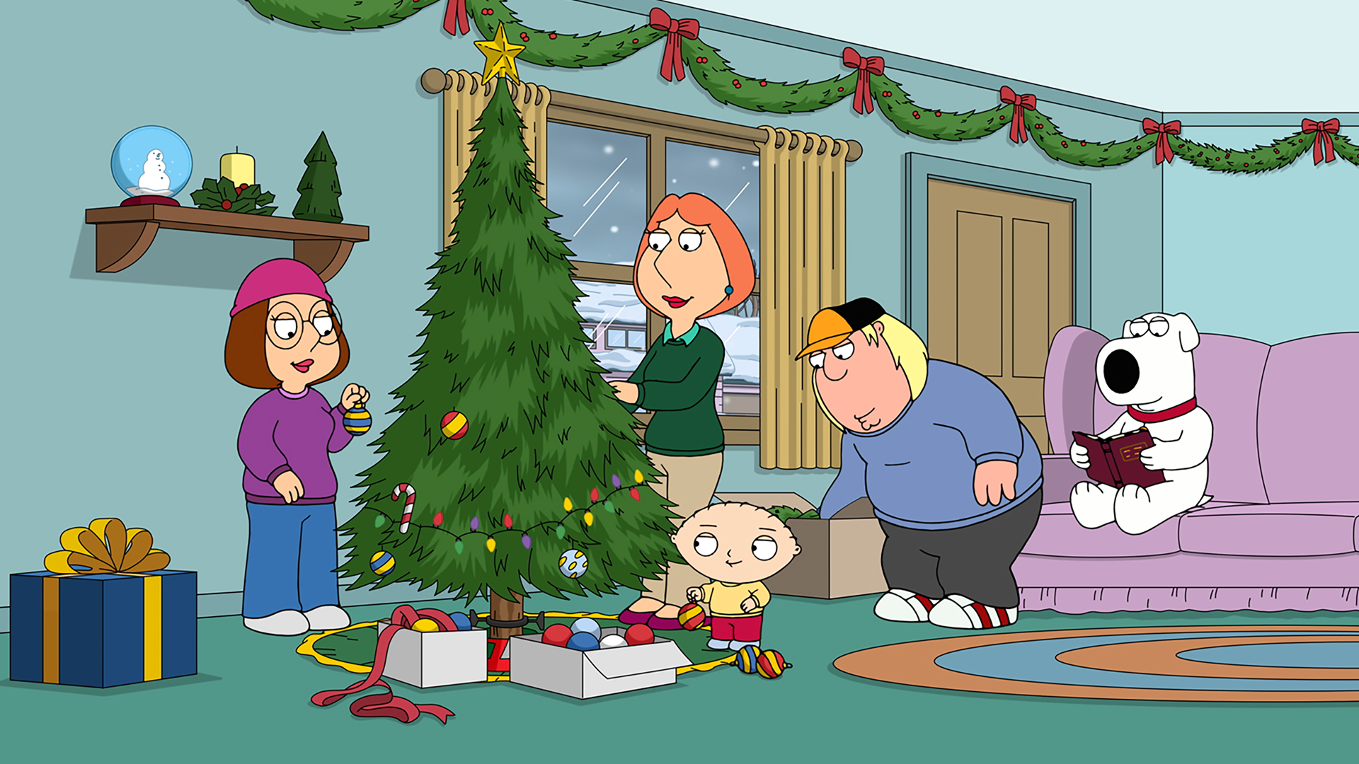 The Griffin family—Meg, Lois, Stewie, Chris, and Brian—decorating their Christmas tree. 