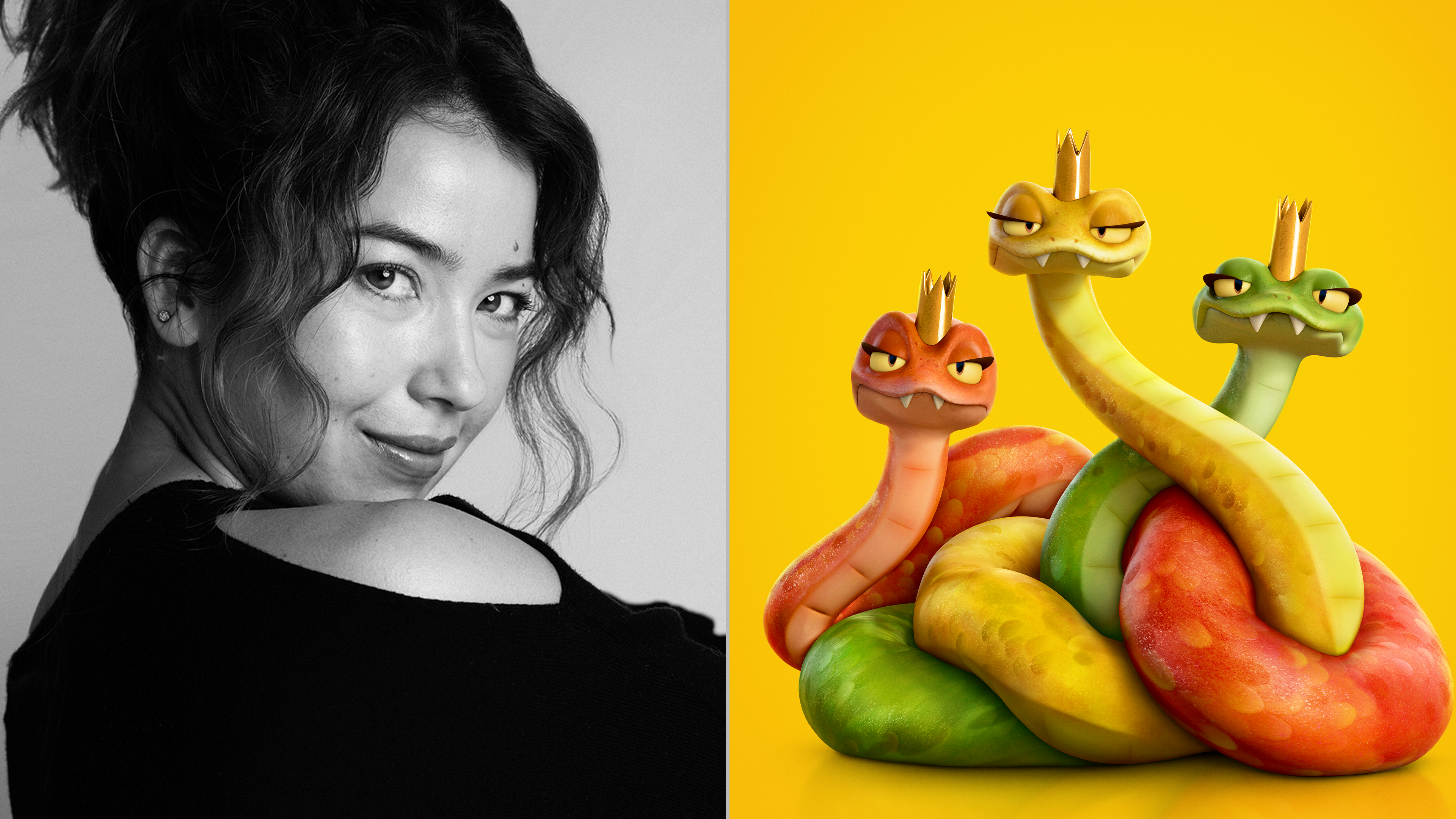 The image features Nichole Sakura, the voice of Reptile Queens in Hoppers, Pixar, Disney+