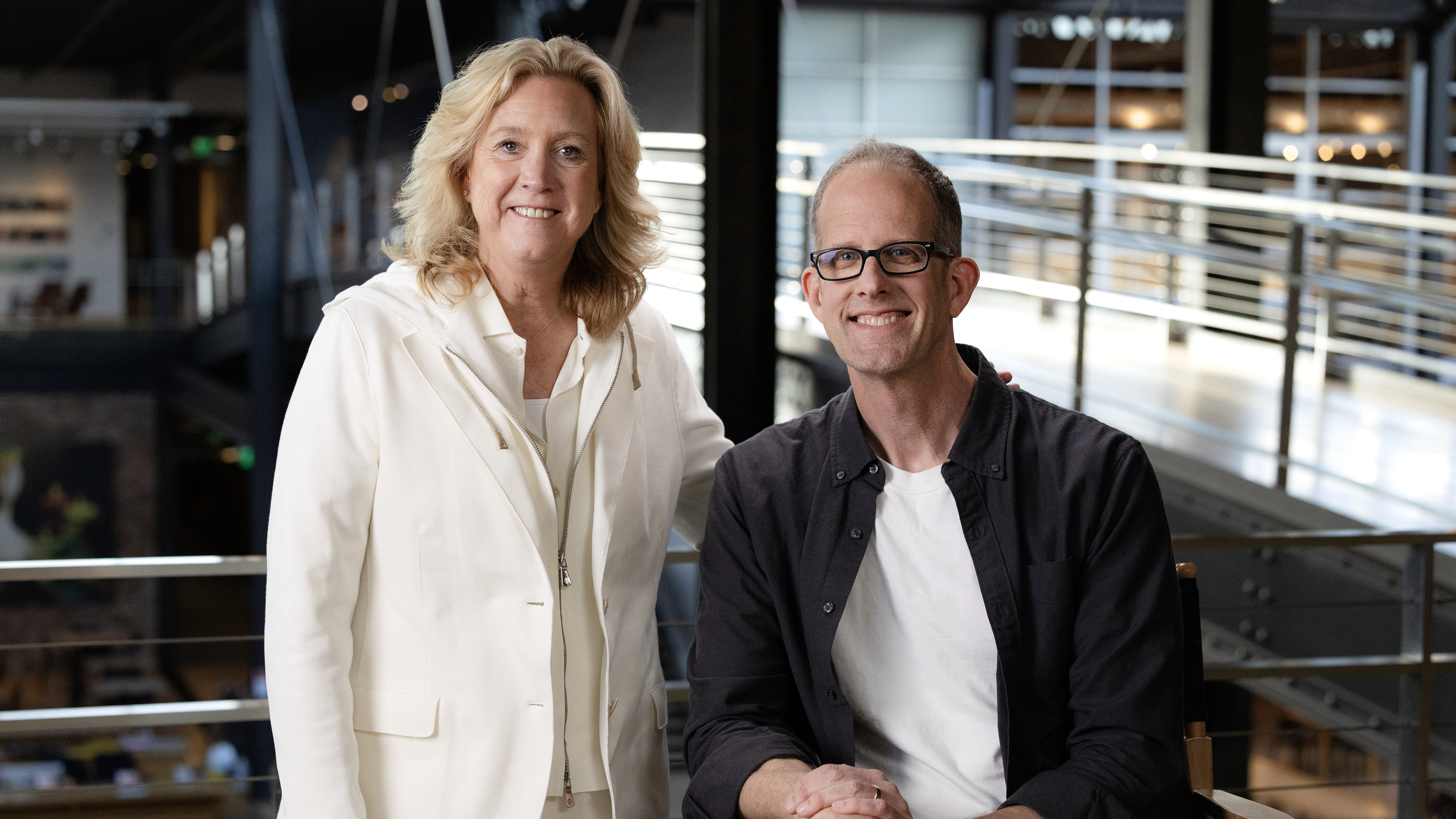 Leslie Iwerks with Pete Docter in Disney Worldbuilders.