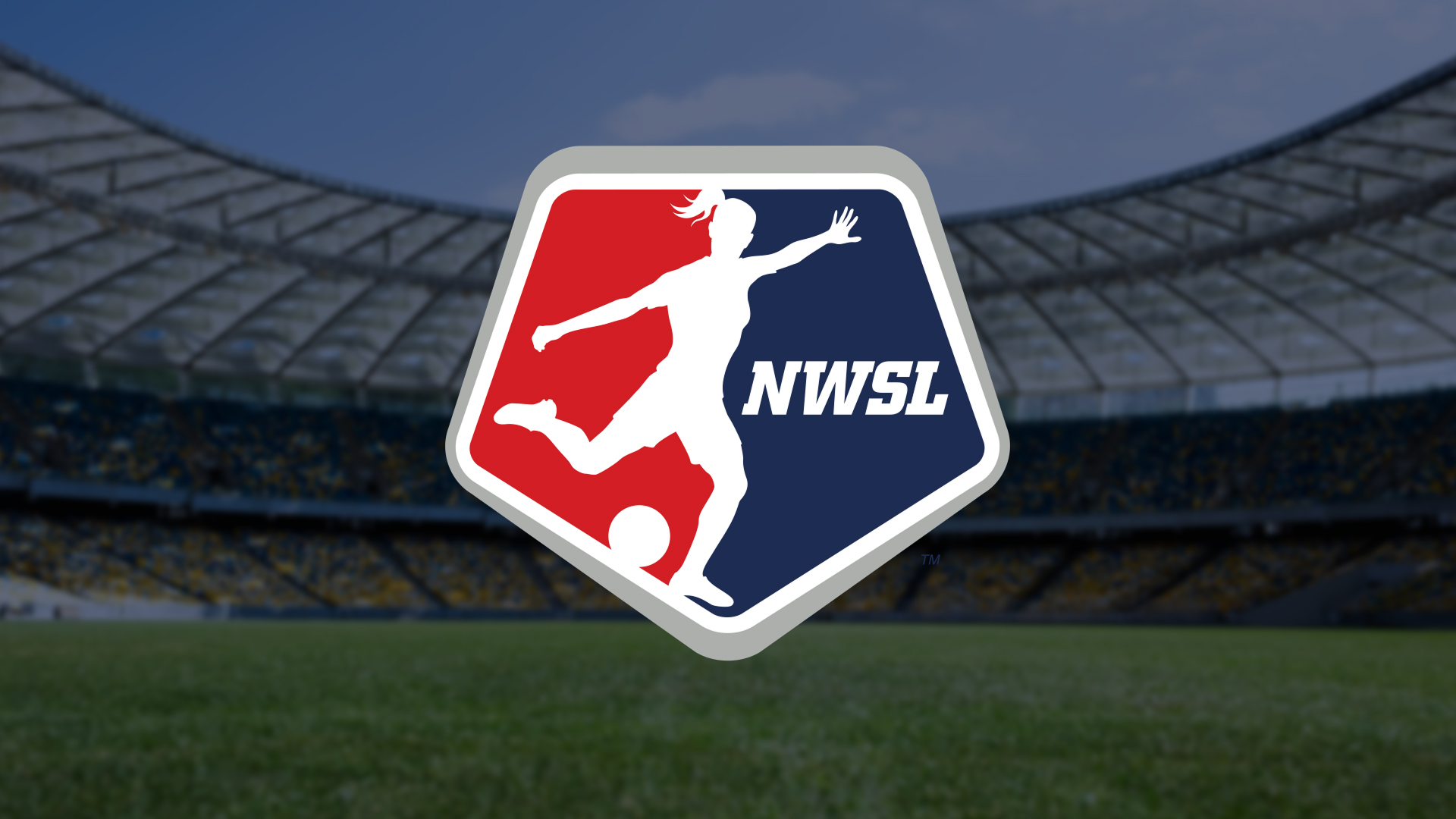 The National Women's Soccer League (NWSL) crest logo is centered over a blurred, wide-angle background of an empty soccer stadium and pitch.