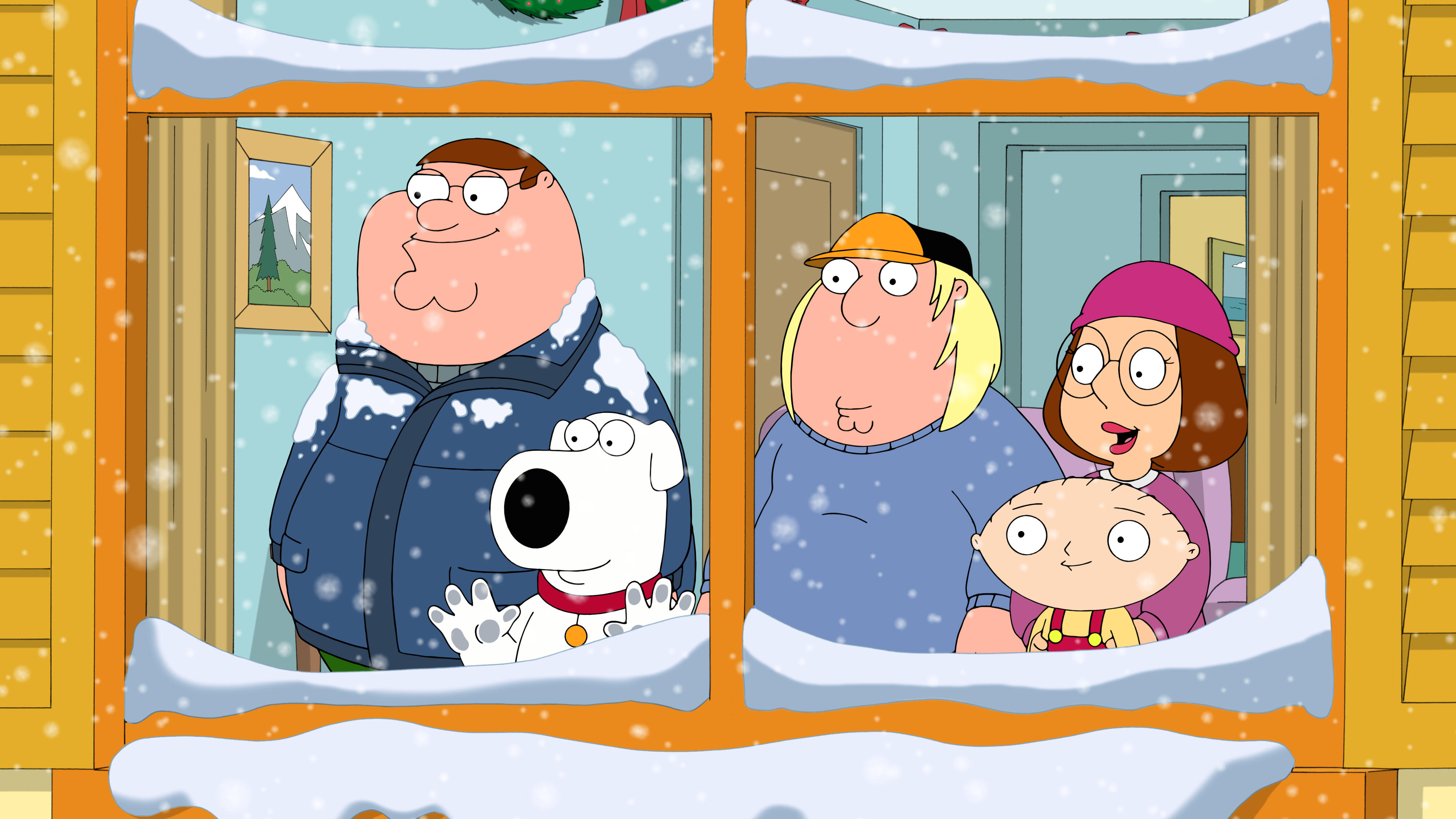 Peter, Brian, Chris, Meg, and Stewie Griffin stand by a window watching snow fall outside in the “How the Griffin Stole Christmas” episode of Family Guy.