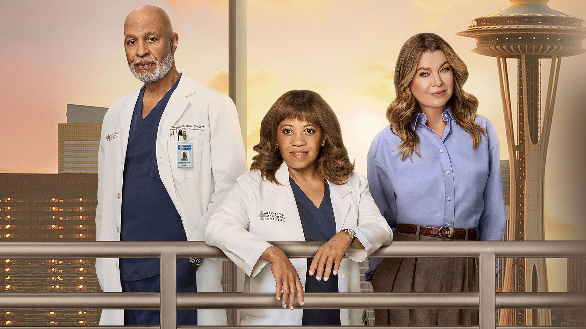 Key art for Grey’s Anatomy featuring Dr. Richard Webber, Dr. Miranda Bailey and Dr. Meredith Grey standing in front of the Seattle skyline with the Space Needle in the background.