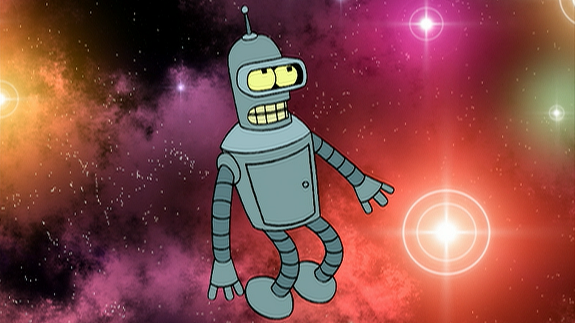 Bender (John DiMaggio) floats alone against a colourful backdrop of stars and glowing nebulae.