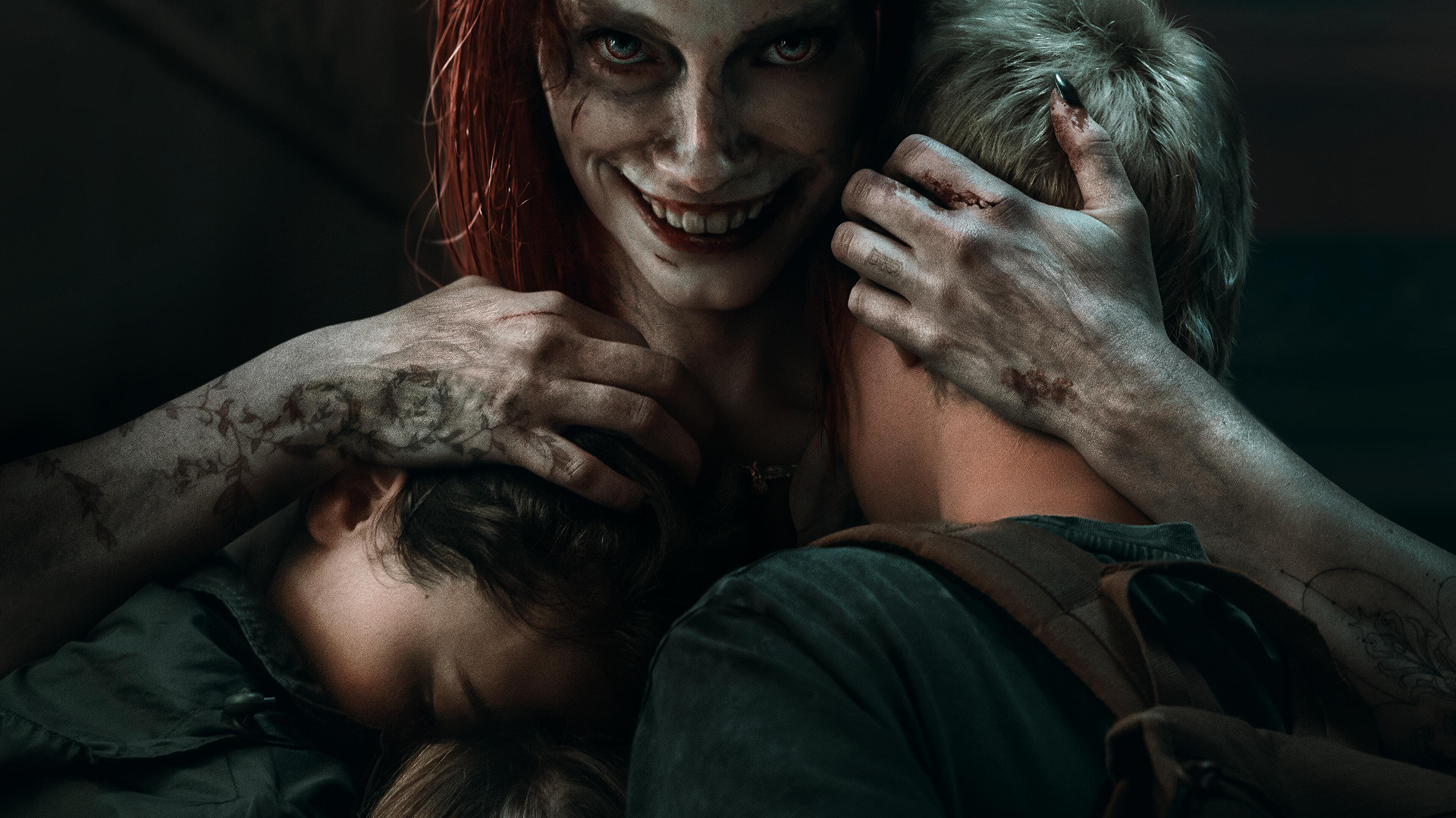 A woman possessed by a demon hugging two children