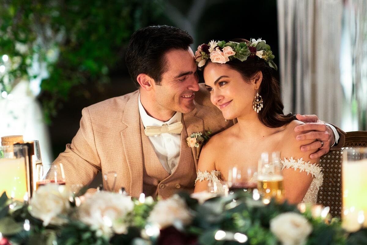 Tala and Abe on their wedding day in the Hulu Original movie Palm Springs.