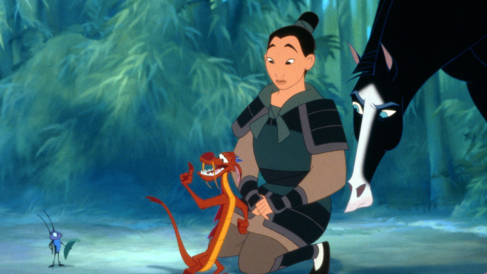Mulan, crouching and disguised as a soldier, watches Mushu talk to Cri-Kee and Khan
