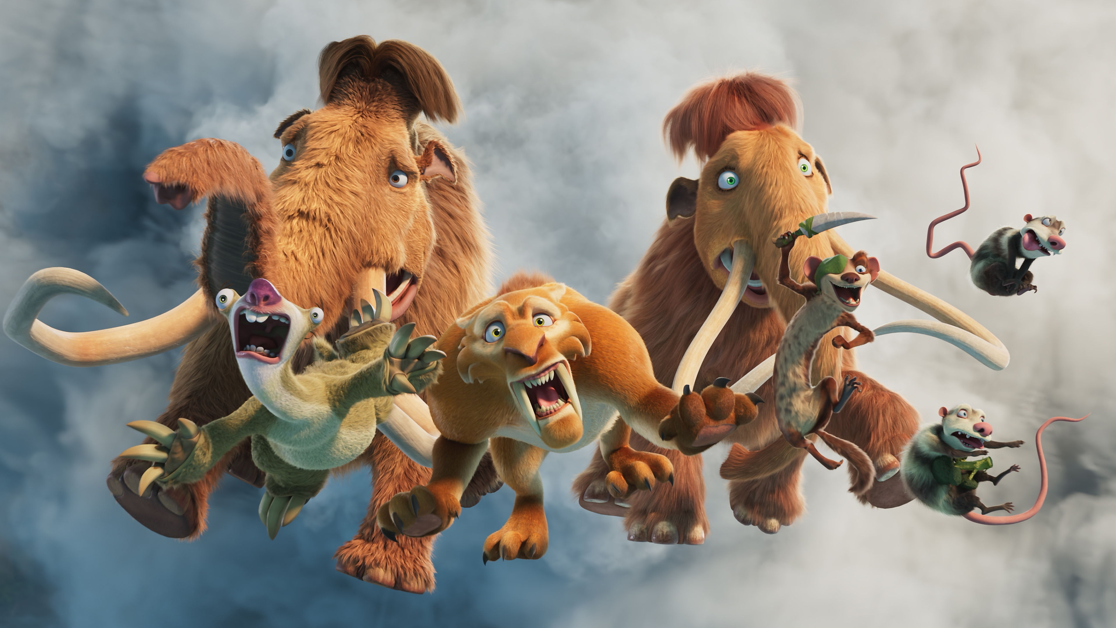 A manada de A Era do Gelo: Mundo de Lava, incluindo Manny, Sid, Diego, Ellie e Buck.