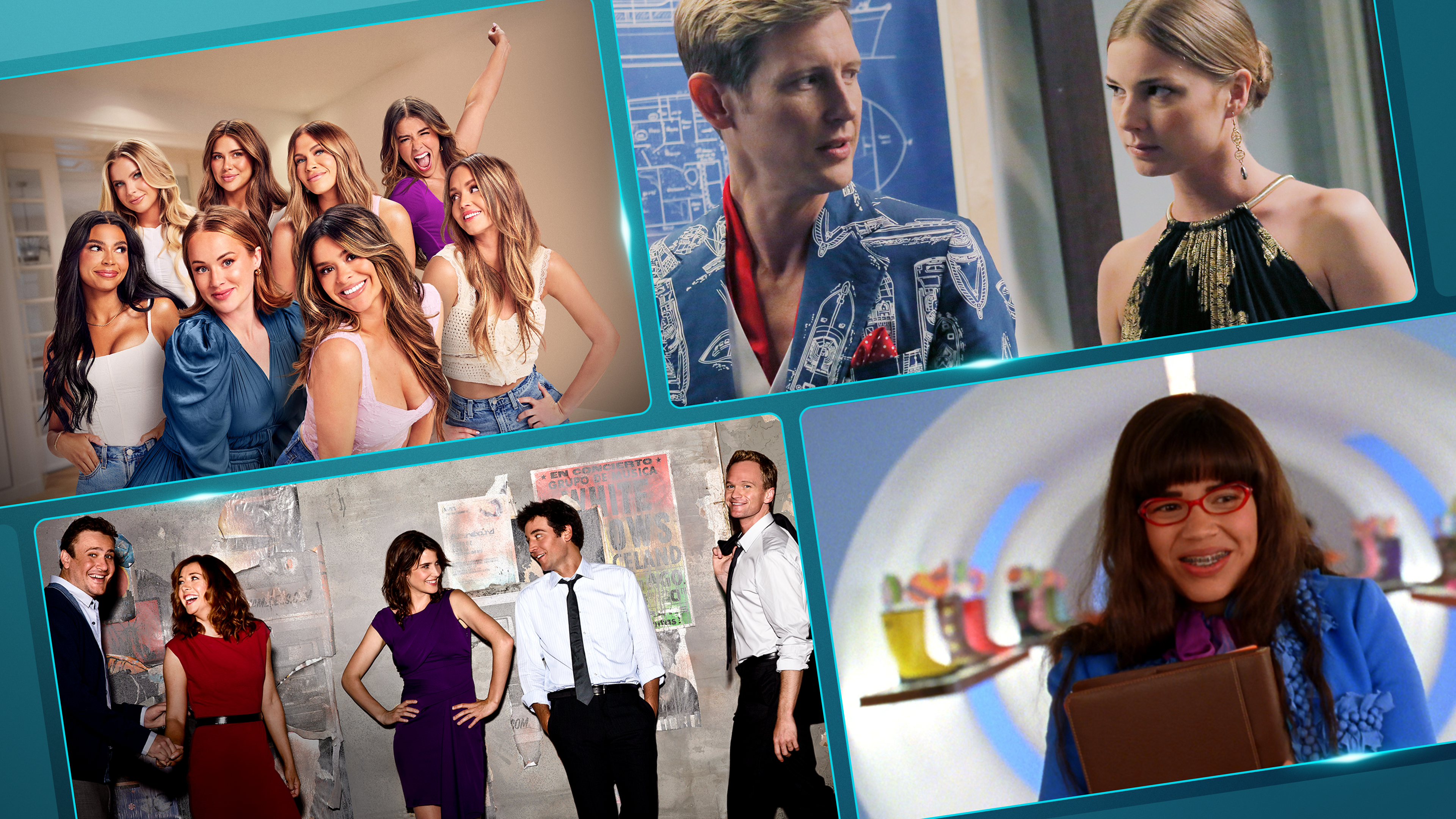 Cuadrícula de cuatro imágenes de los títulos disponibles con Hulu en marzo de 2026, entre ellos: La vida secreta de las esposas mormonas, Revenge, How I Met Your Mother y Ugly Betty