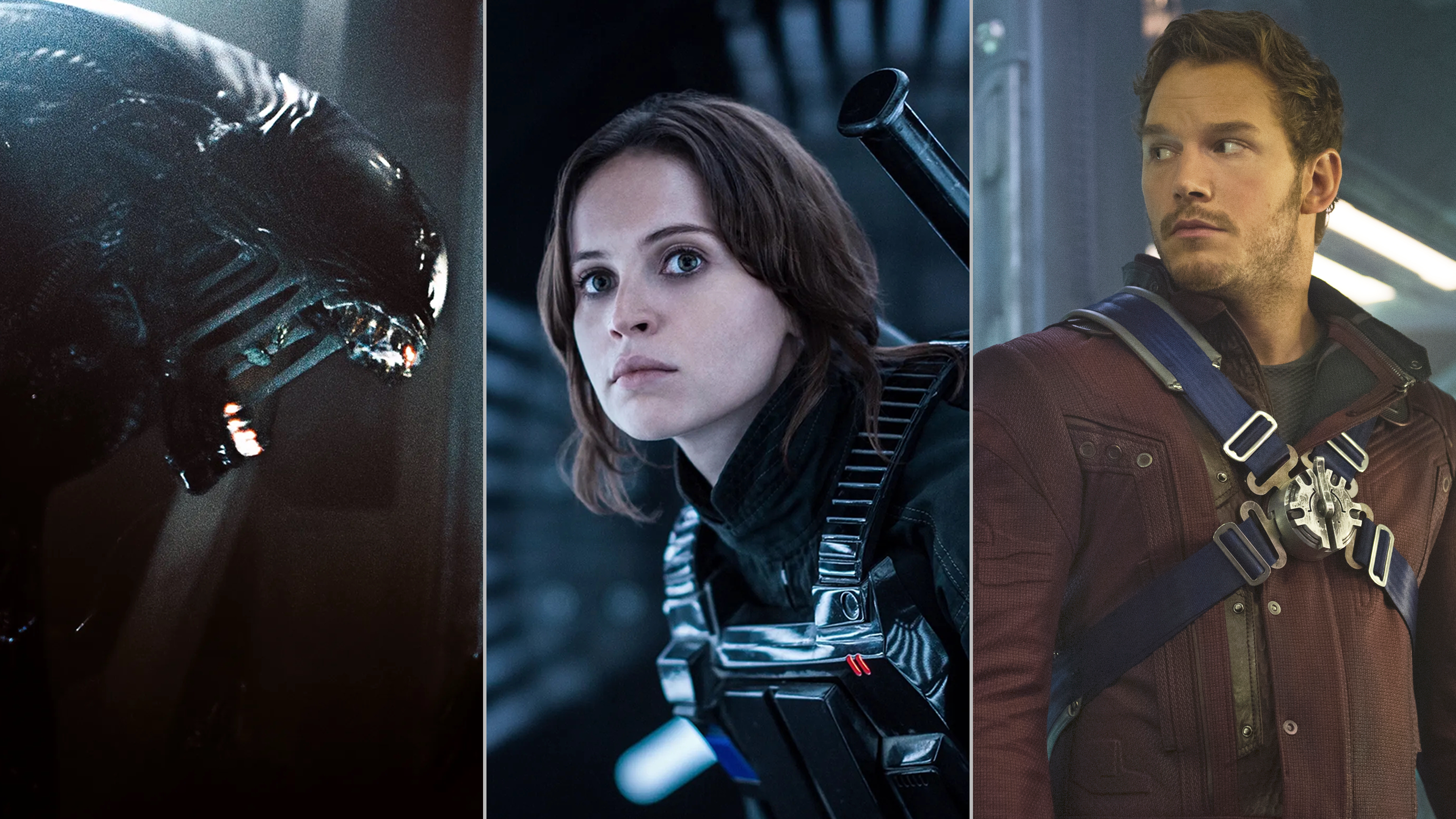 Images from Alien: Romulus, Rogue One: A Star Wars Story and Guardians of the Galaxy which are featured in the Watch Guide..