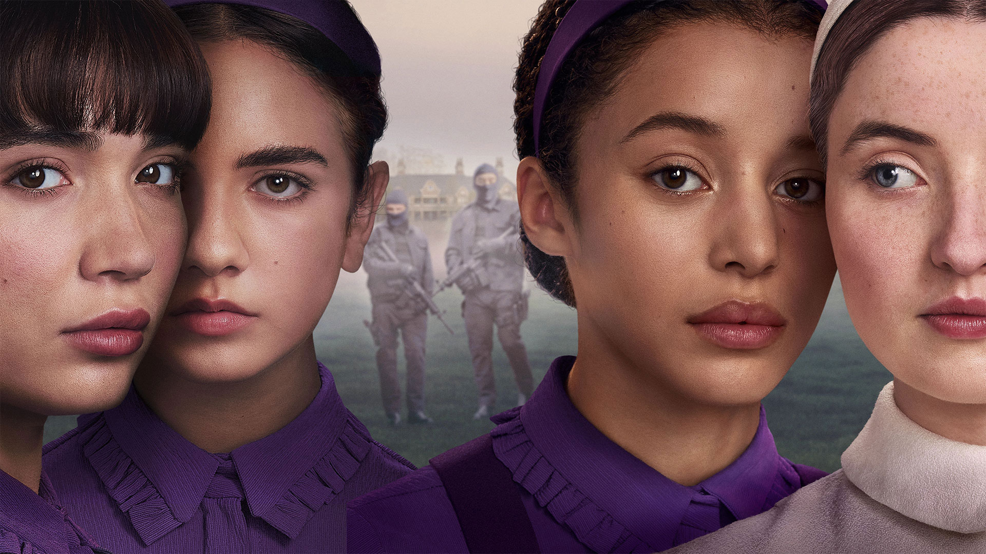 Key art for The Testaments featuring four young women in purple and cream uniforms, with armed figures visible in the background.
