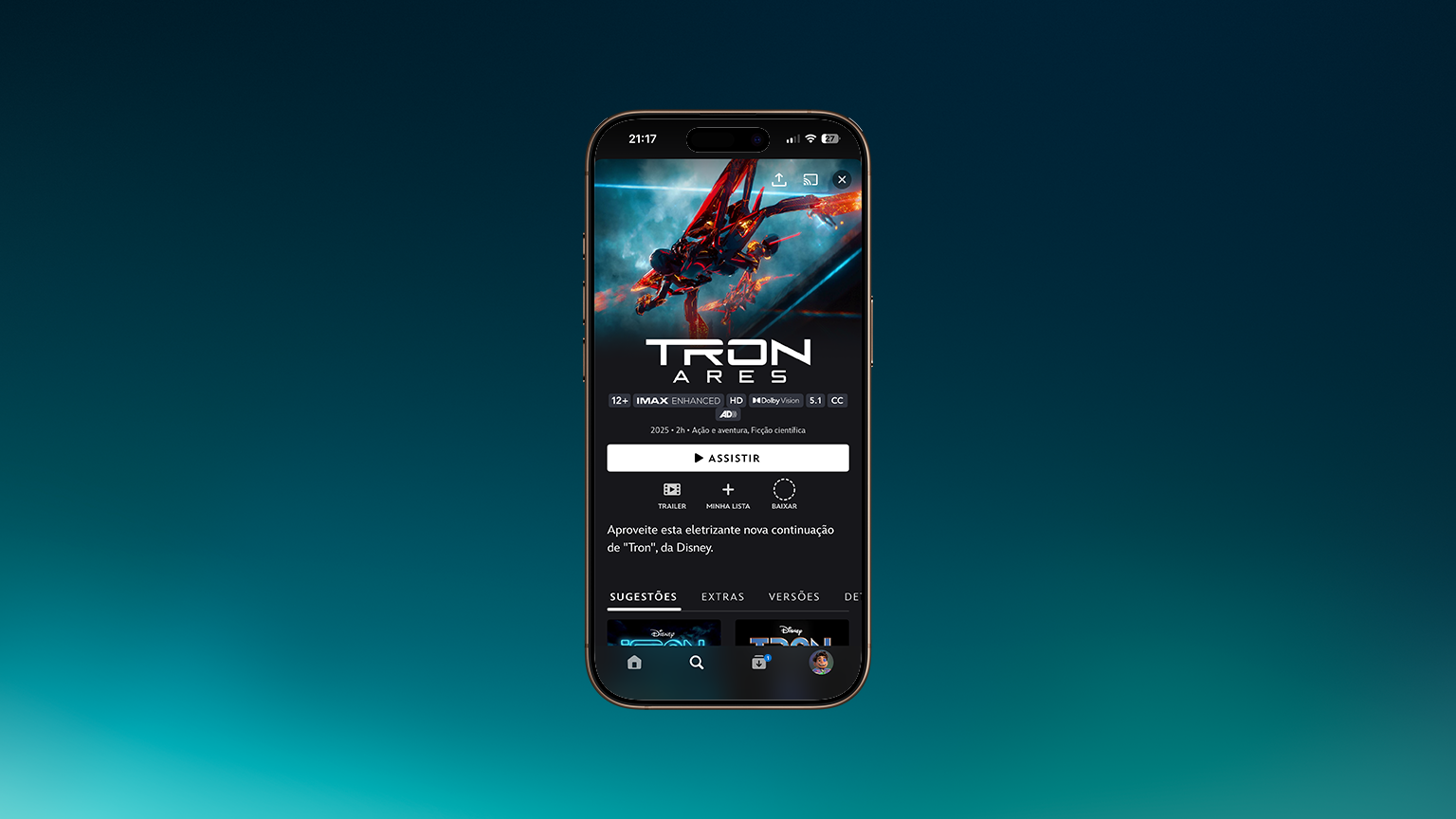 Captura de tela da página do filme Tron: Ares aplicativo do Disney+, com o botão da aba Downloads destacado.