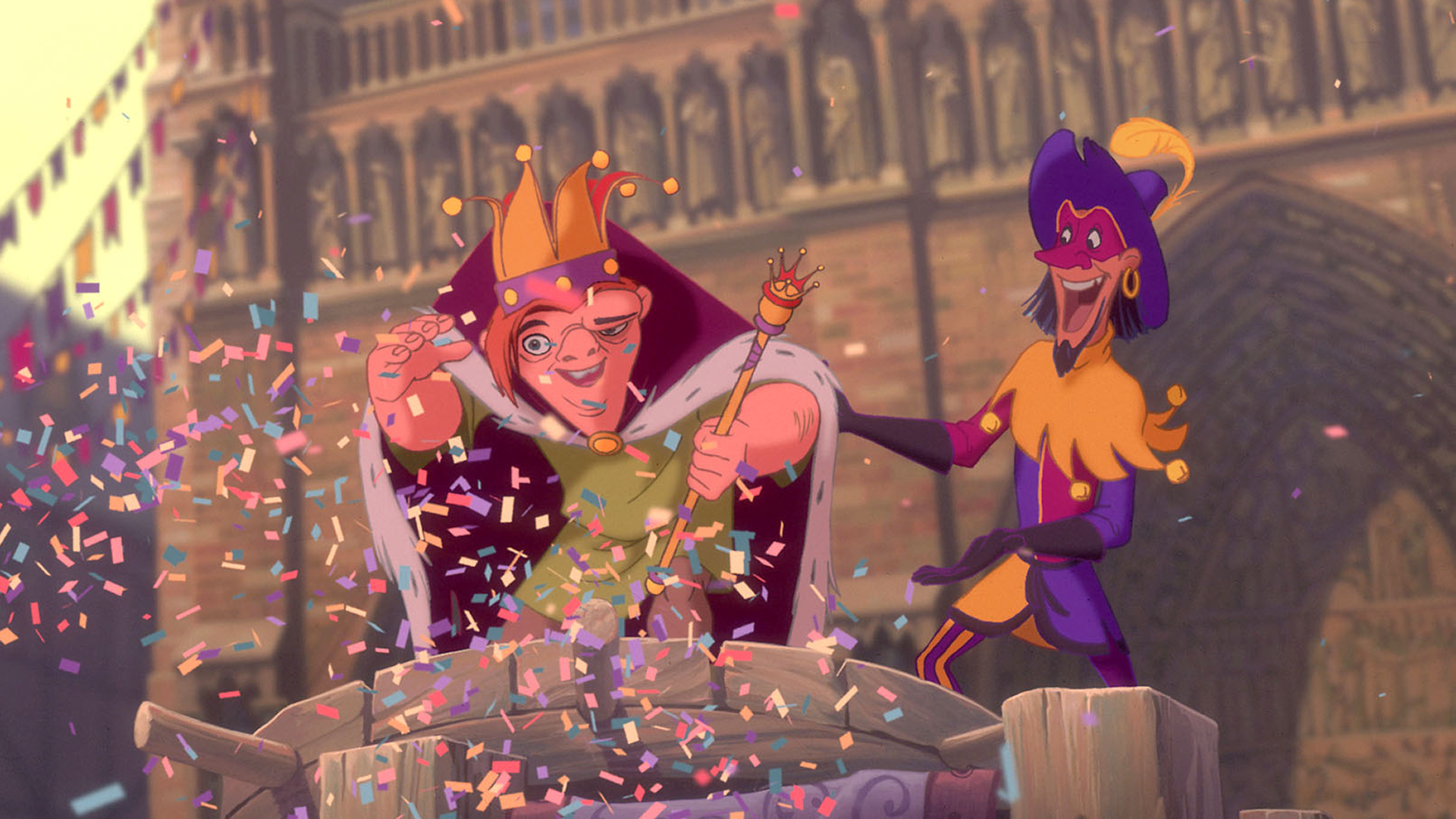 Quasimodo being crowned as the "King of Fools," and Clopin Trouillefou, the jester leading the celebration in The Hunchback of Notre Dame