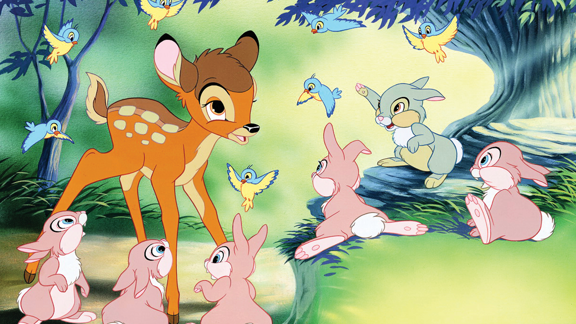 An image from the movie Bambi or Bambi surrounded by his forest animal friends