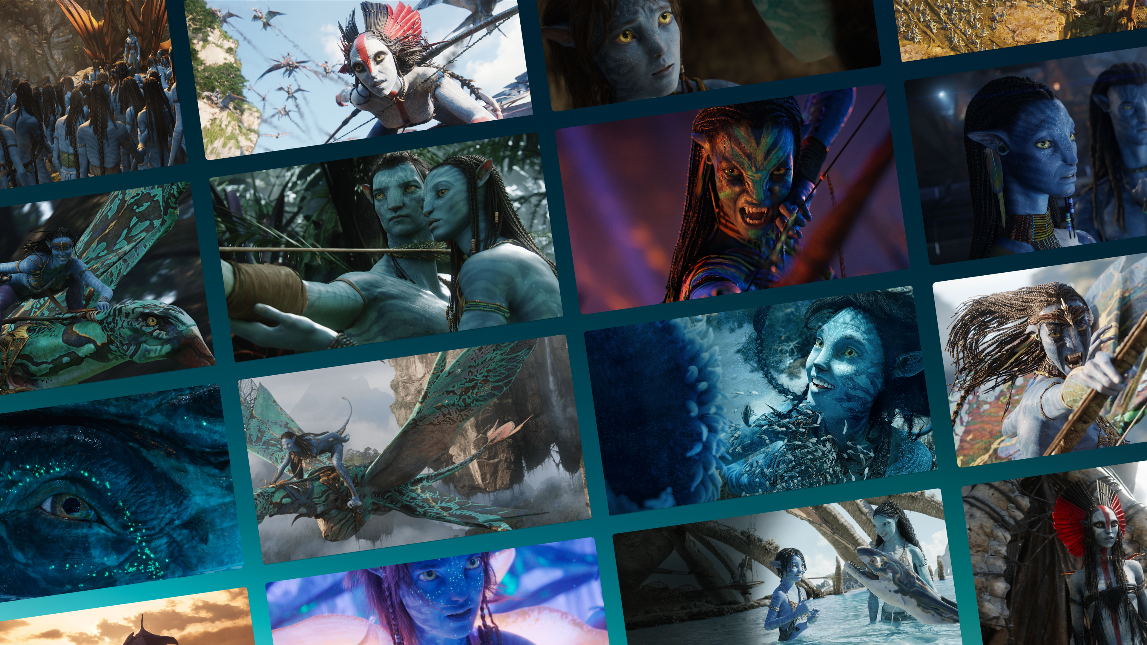 Escenas de tres películas de Avatar con varios personajes, incluidos Sully, Neytiri, Kiri y Varang.