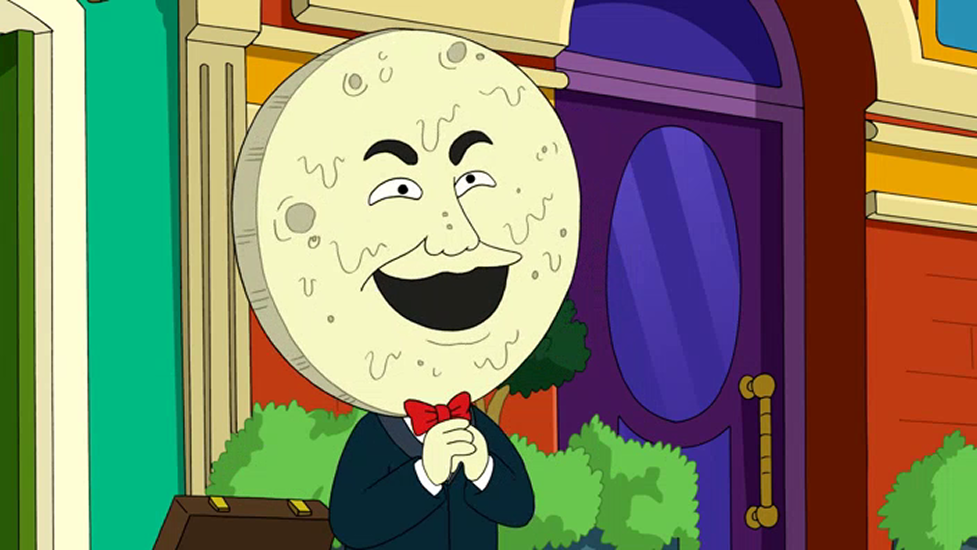 Craterface (Tress MacNeille), a smiling moon-faced mascot in a tuxedo, clasps his hands outside Luna Park.