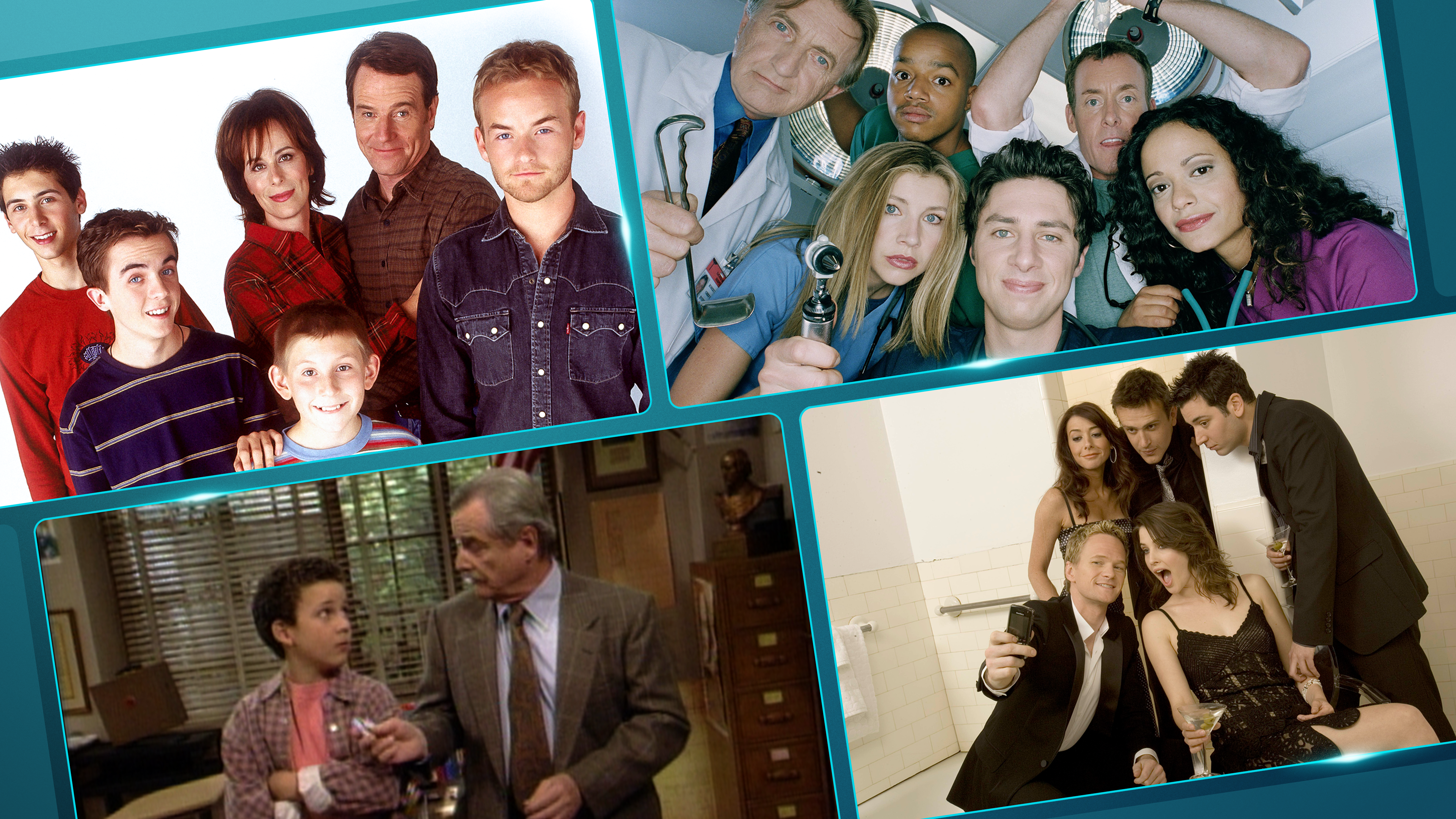 A collage of images from Malcolm in the Middle, Scrubs, Boy Meets World, and How I Met Your Mother