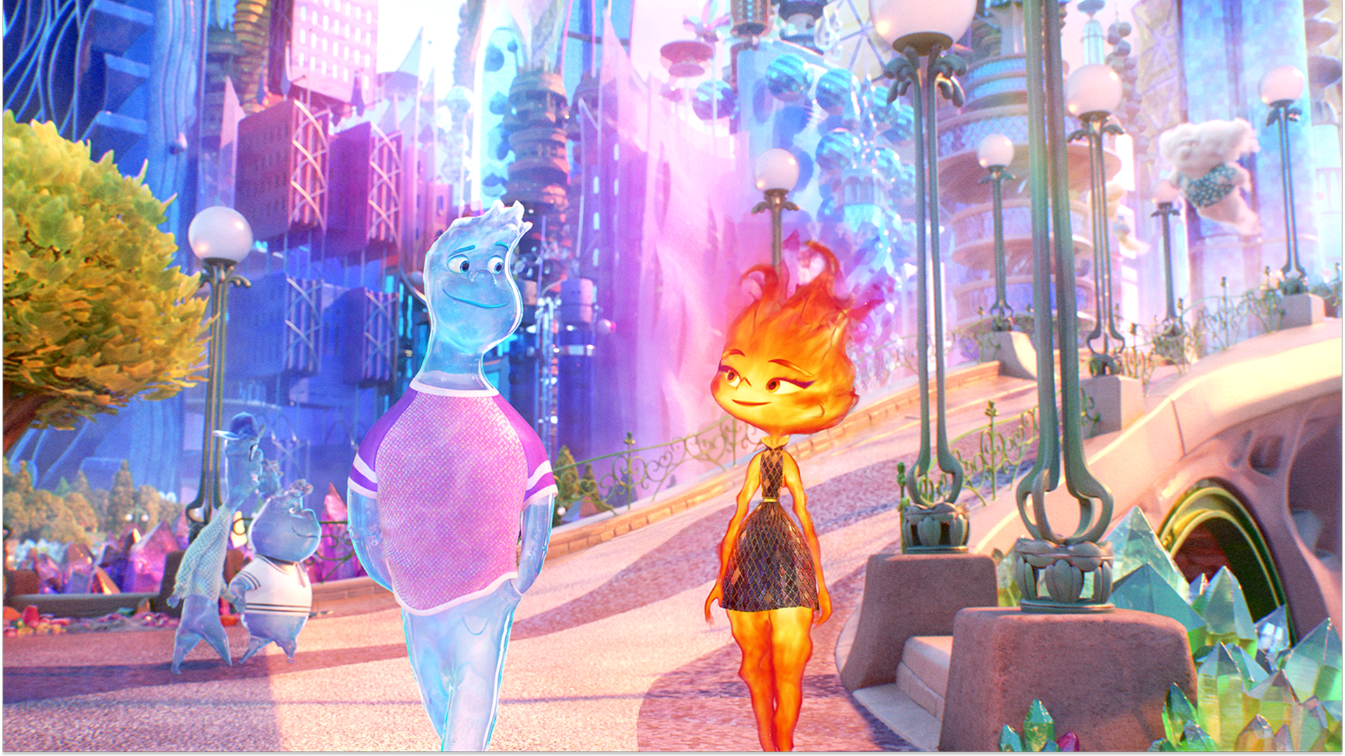 Ember Lumen (fire element) and Wade Ripple (water element) walk through Element City in Elemental.