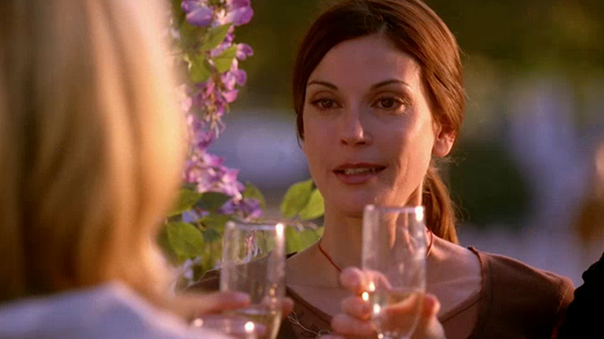 Susan Mayer (Teri Hatcher) smiles warmly while raising a champagne glass to toast a blonde woman, whose shoulder is visible in the blurry left foreground, with purple wisteria flowers blooming behind them.