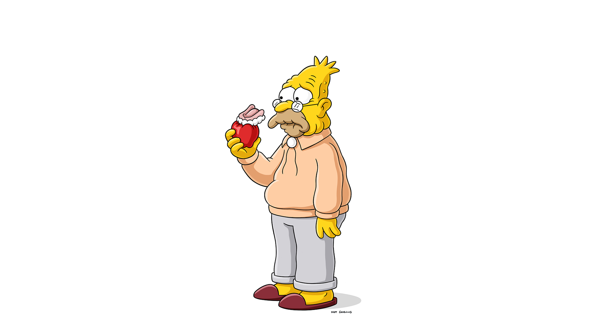 This is a detailed illustration of Abraham "Grampa" Simpson from the animated series The Simpsons. He is shown wearing his signature light beige sweater and grey trousers.