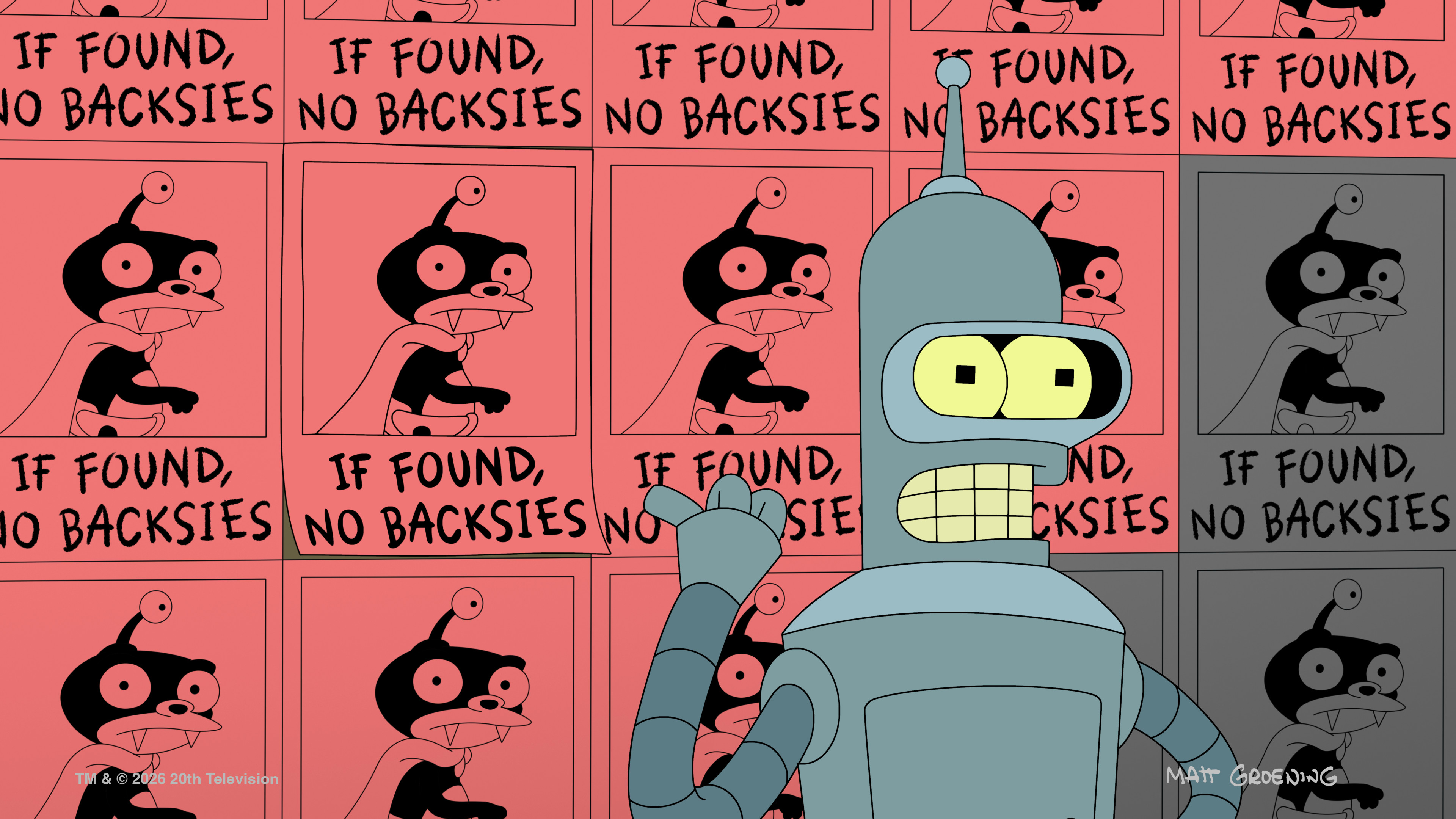 Bender in front of a bunch of red posters with a photo of Nibbler and the text "If found, no backsies"