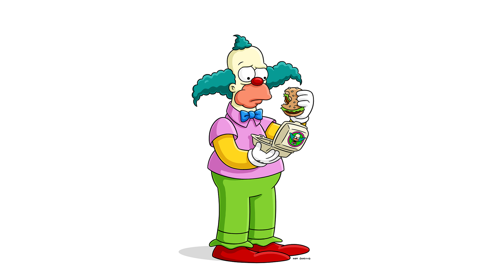 This illustration features Krusty the Clown from The Simpsons looking uncharacteristically contemplative. He is shown holding a half-eaten burger from his own fast-food chain, Krusty Burger.
