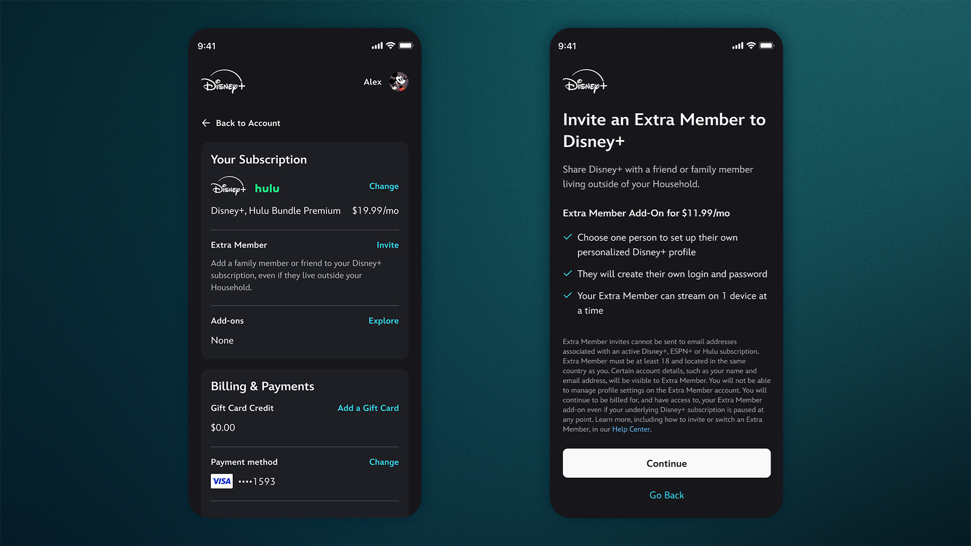 Mobile screens showcasing how to add an Extra Member on Disney+.