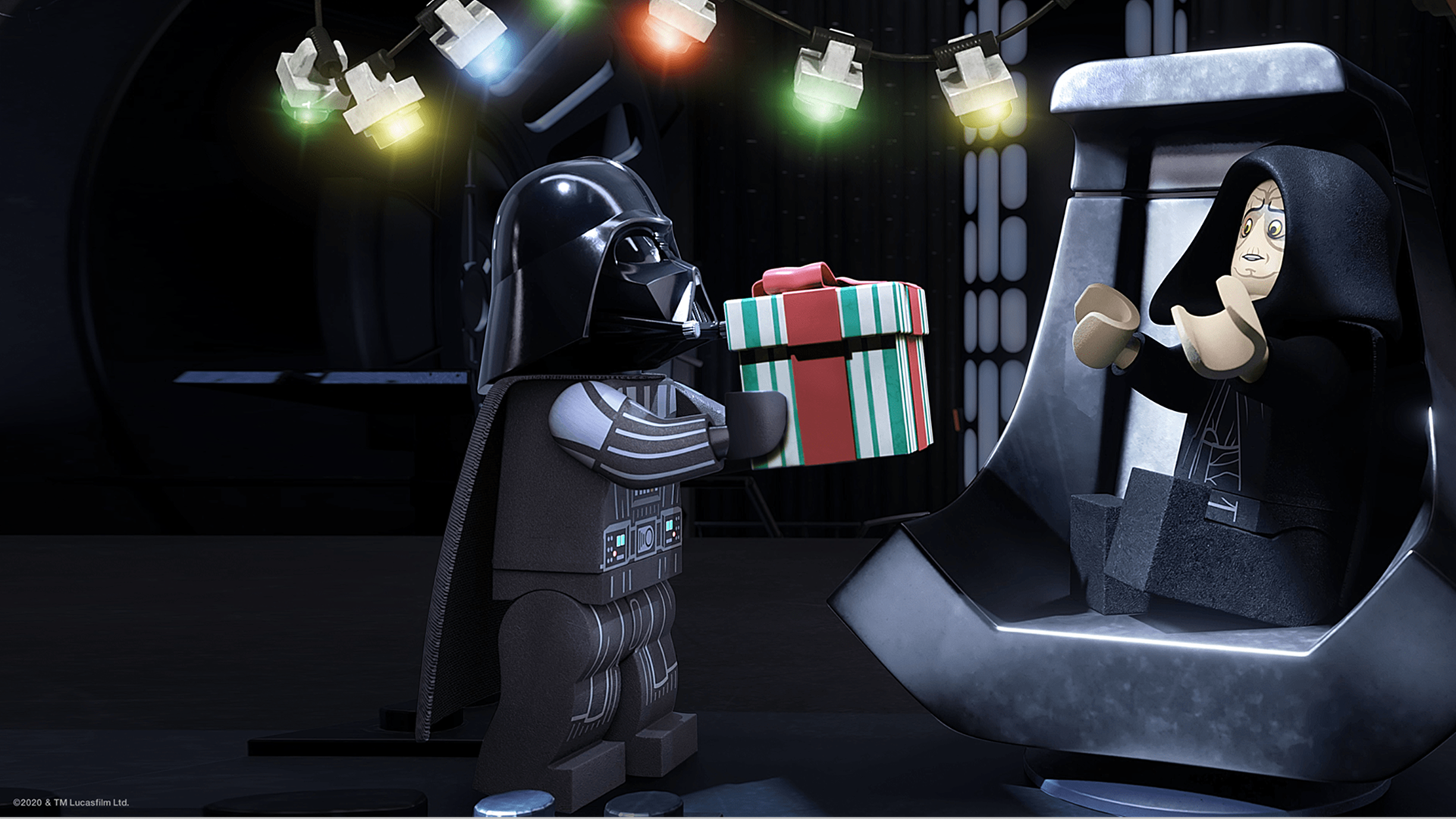 Darth Vader gives Emperor Palpatine a Christmas gift in The LEGO Star Wars Holiday Special